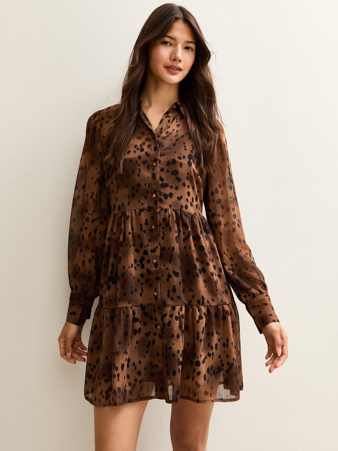 blue dress for baby girl Brown And White Spotty V-Neck Long Sleeve Skater Dress  AX Paris