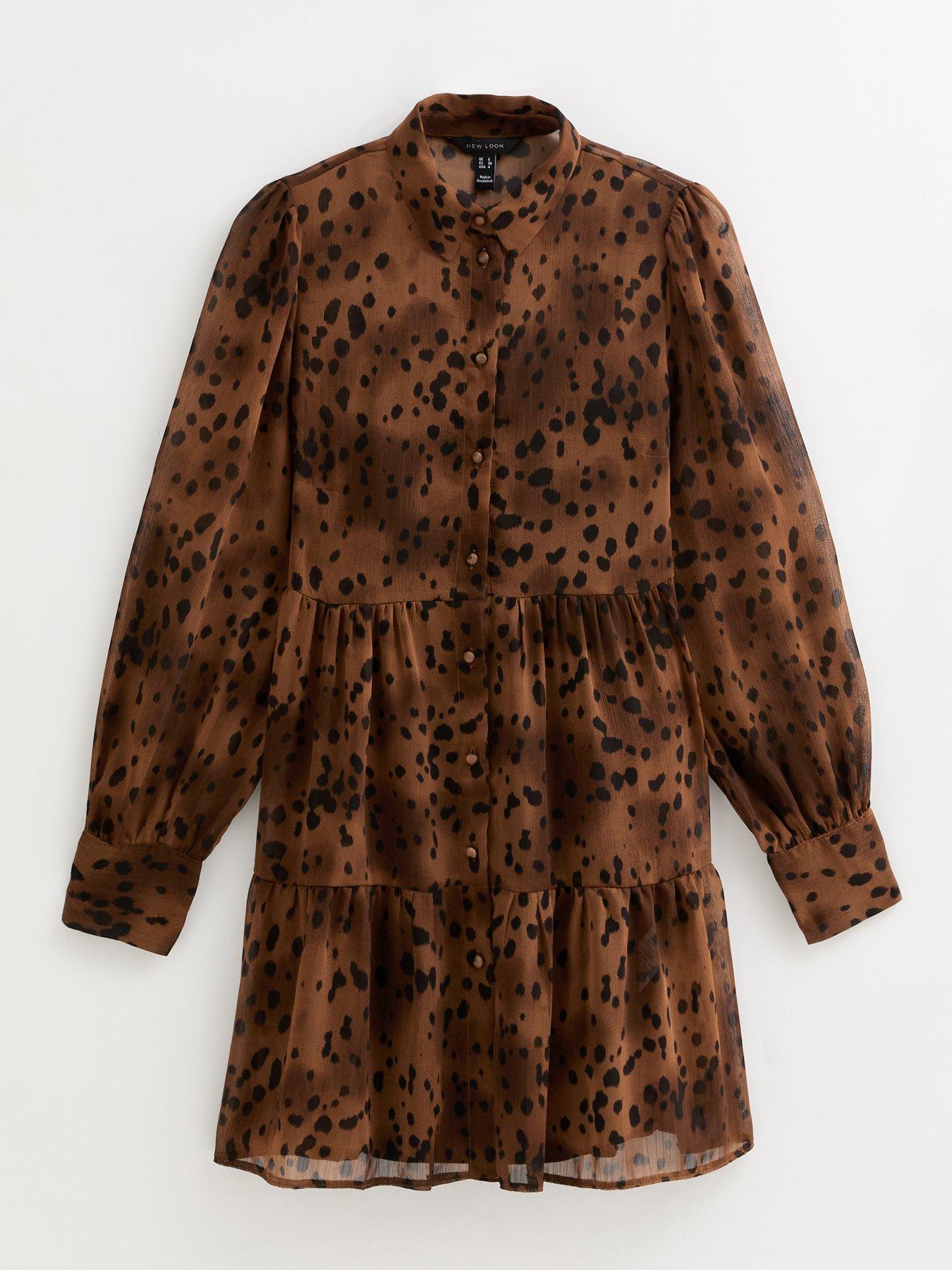 brown dress with cowboy boots Brown Leopard Print Long Sleeve Ruched Mesh Mini Dress – AX Paris main image 0
