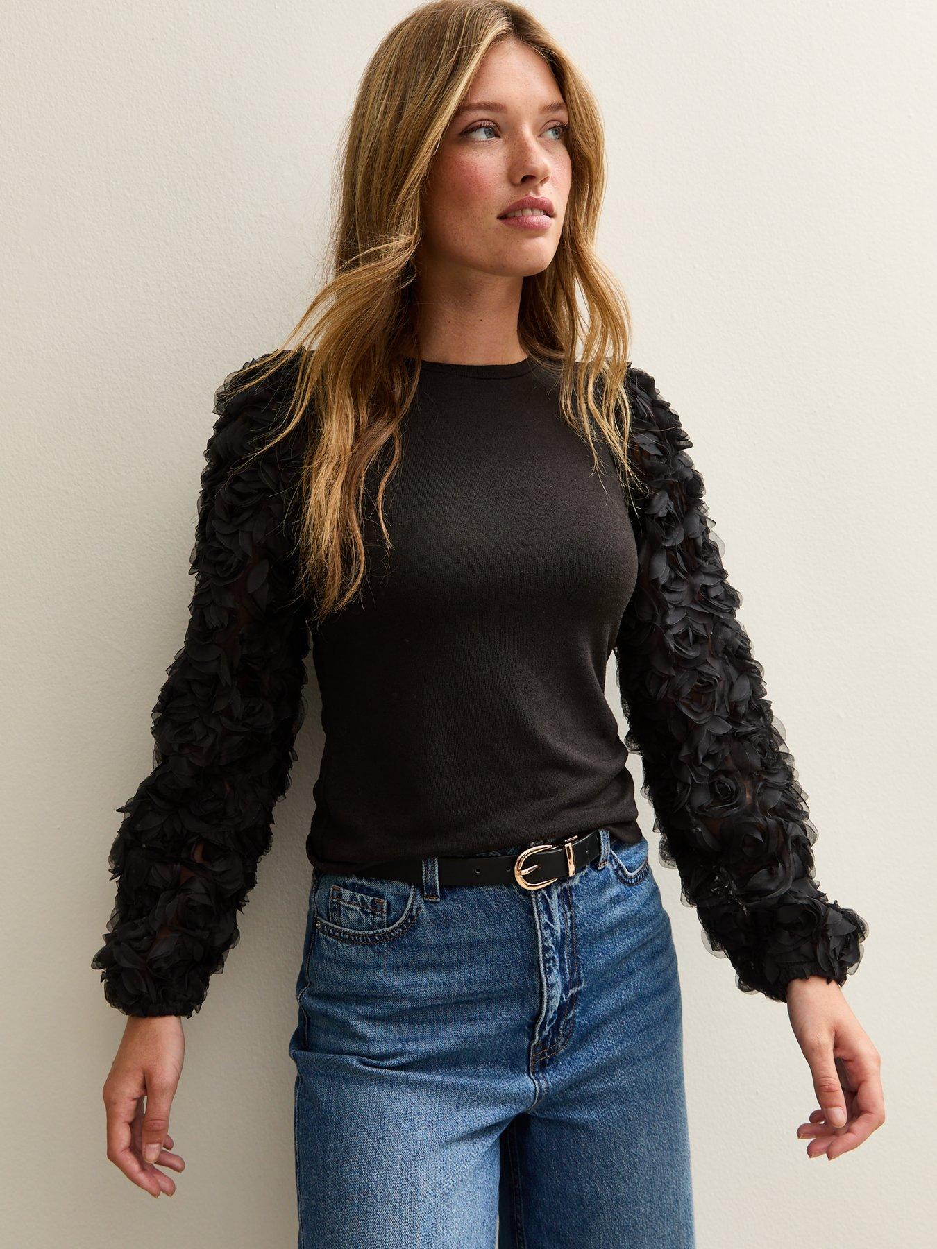New Look Rose Appliqued Sleeve Top - Black