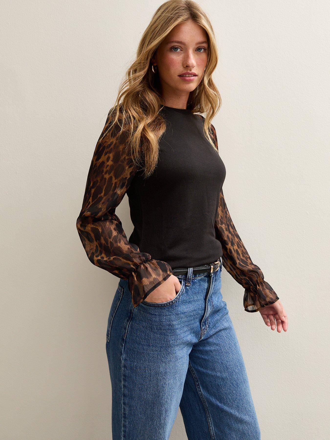 New Look Soft Touch Animal Print Chiffon Sleeve Top - Black