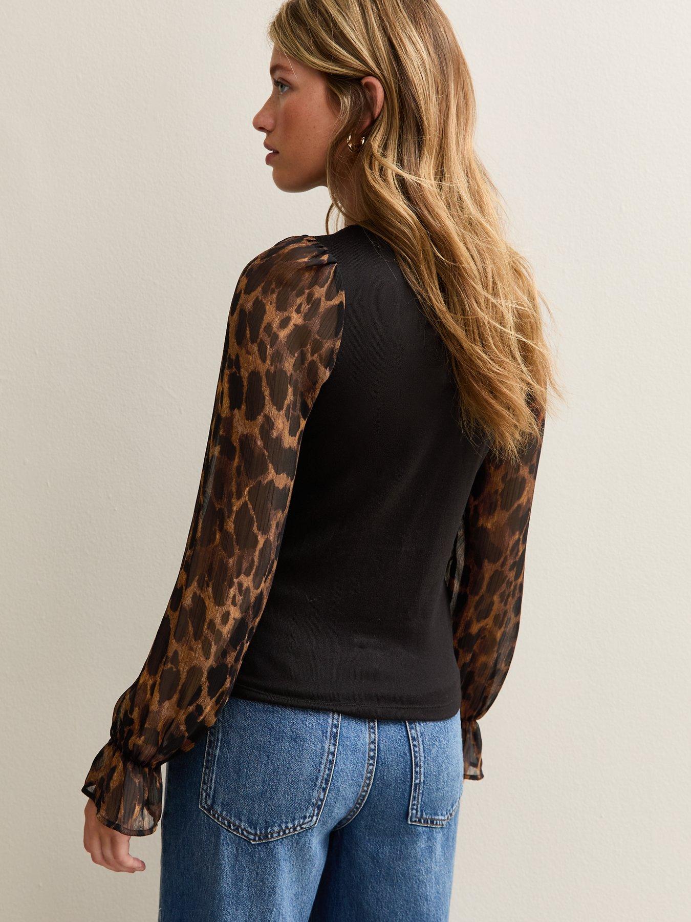 Image 2 of 4 of New Look Soft Touch Animal Print Chiffon Sleeve Top - Black