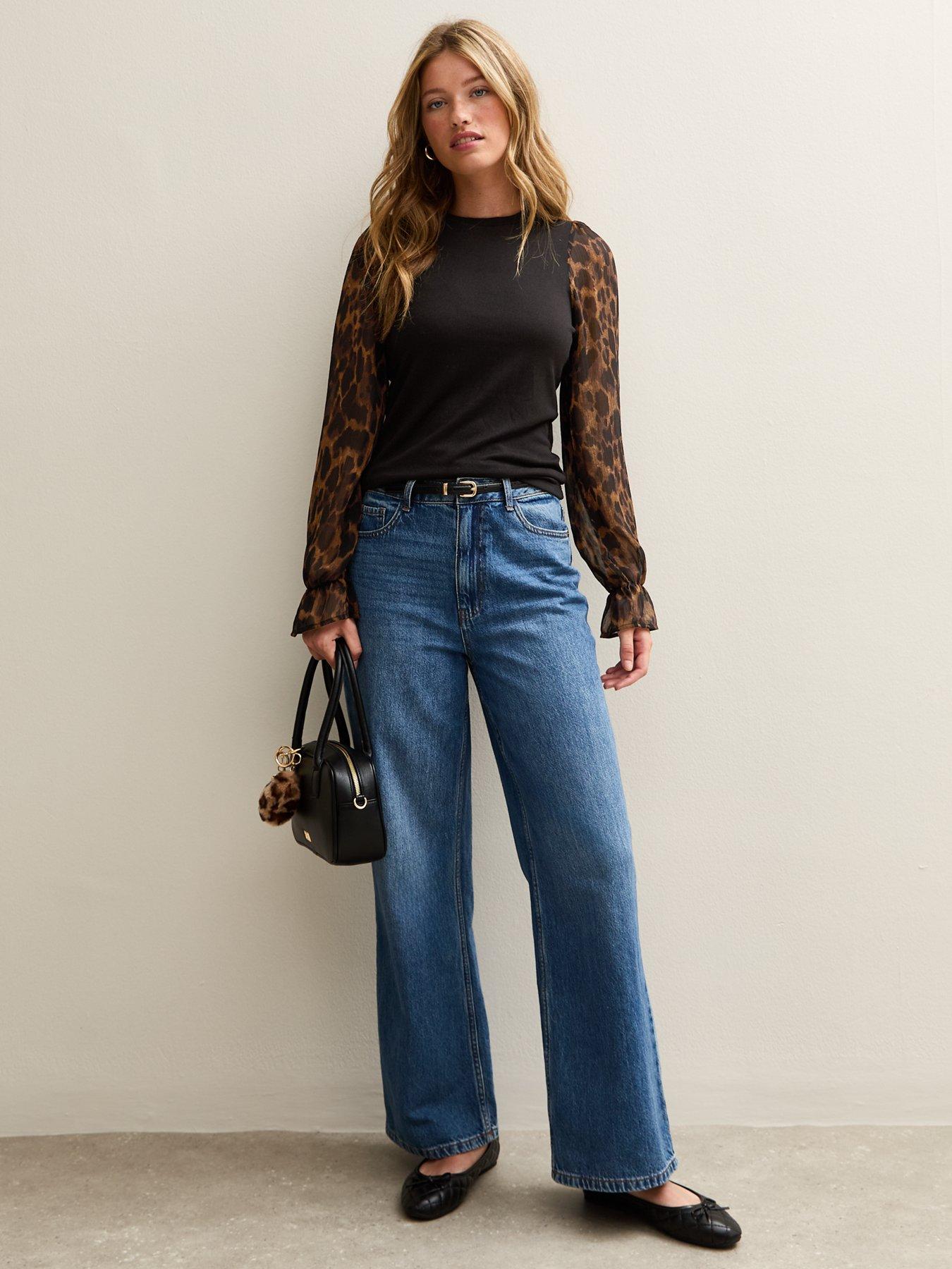 Image 3 of 4 of New Look Soft Touch Animal Print Chiffon Sleeve Top - Black