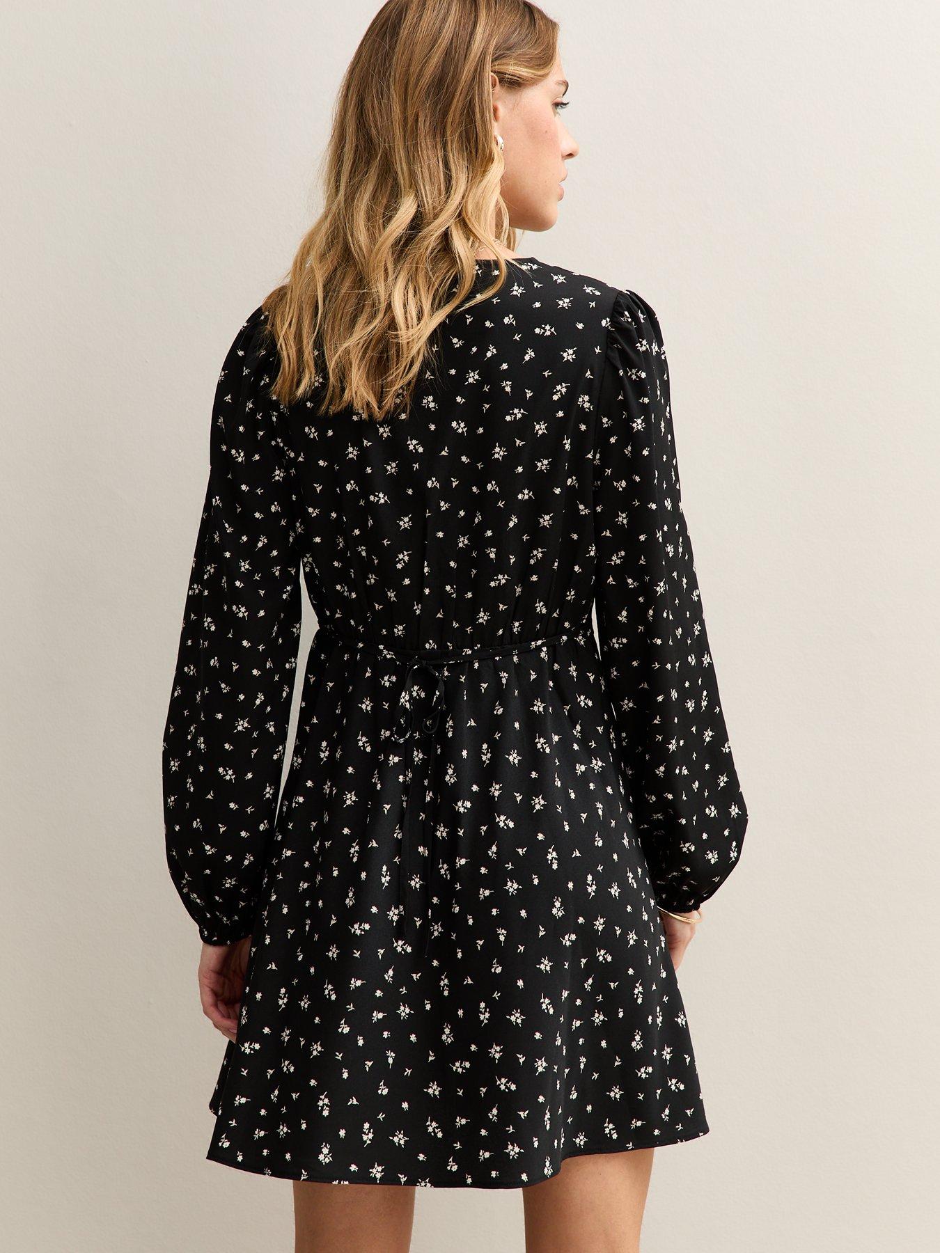 Image 2 of 4 of New Look Ditsy Long Sleeve Trim Mini Dress - Black