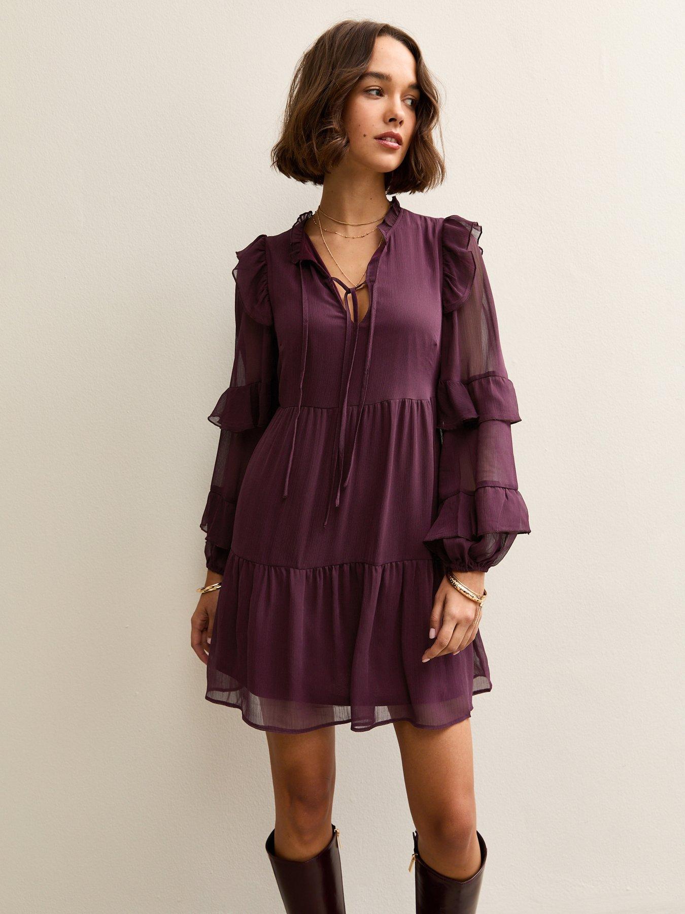 New Look Burgundy Ruffle Trim Chiffon Tiered Mini Dress