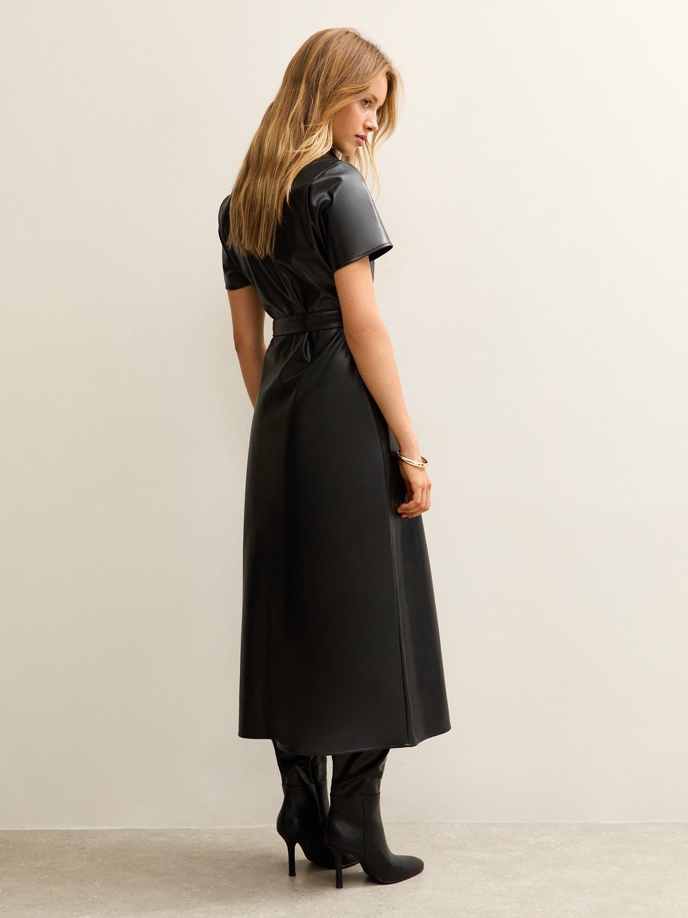 New Look Black Faux Leather Short Sleeve Midi Shirt Dress Very