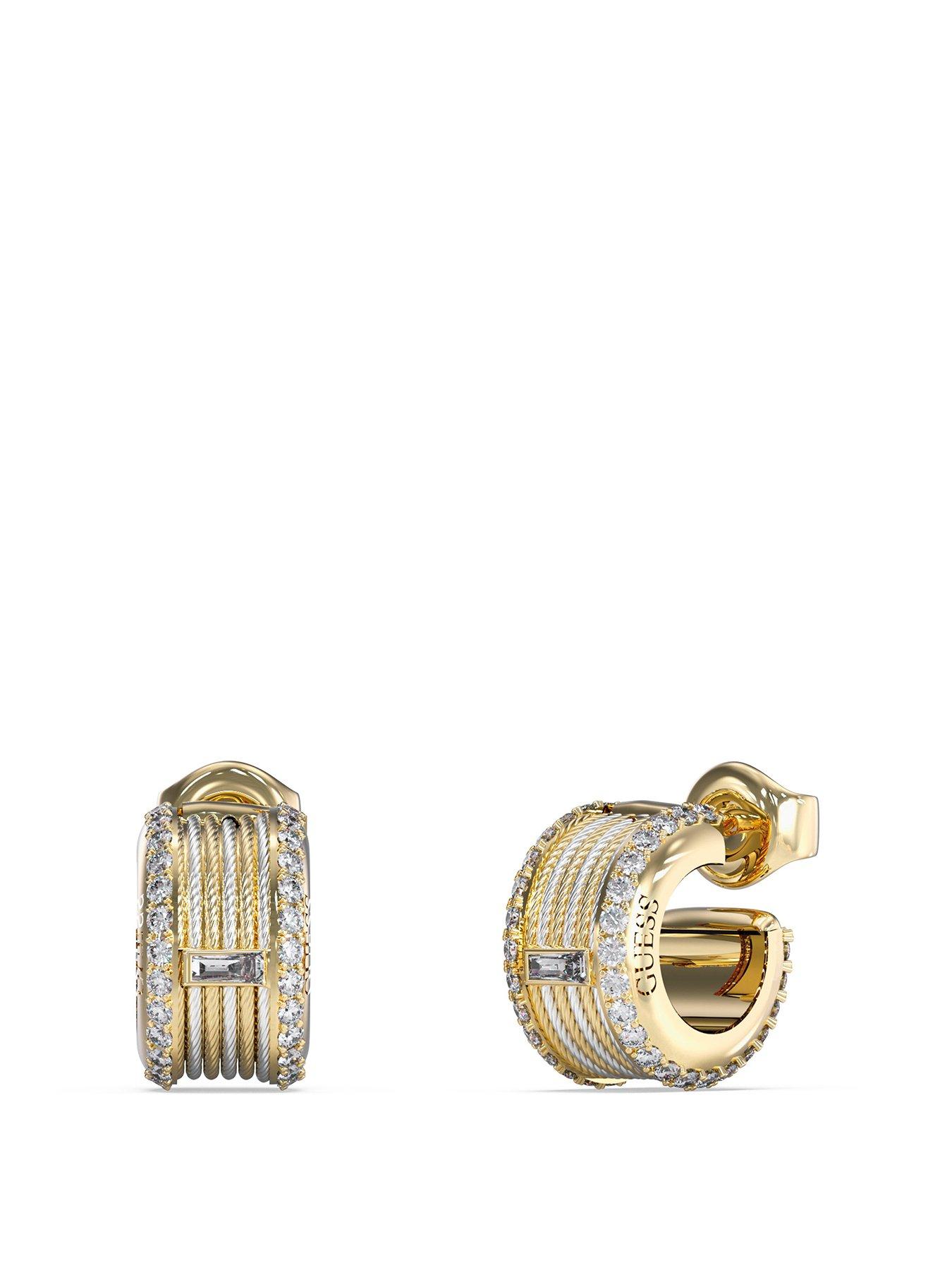 Guess 16Mm Cable Circle Hoop Earrings Steel Crystal White Baguette Round - Multi