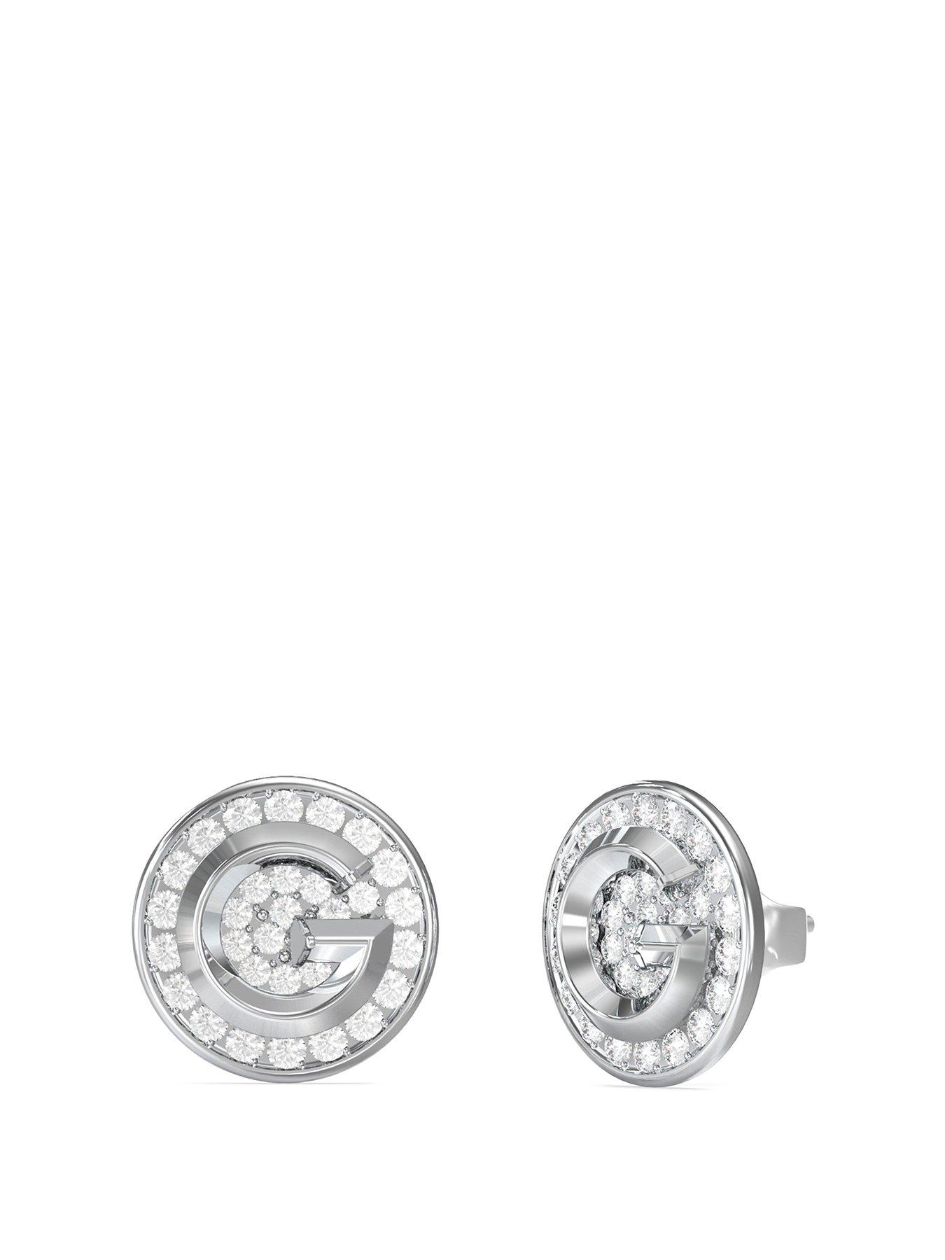 Guess 10Mm G Coin Pave Stud Earrings Steel Crystal White Round - Multi
