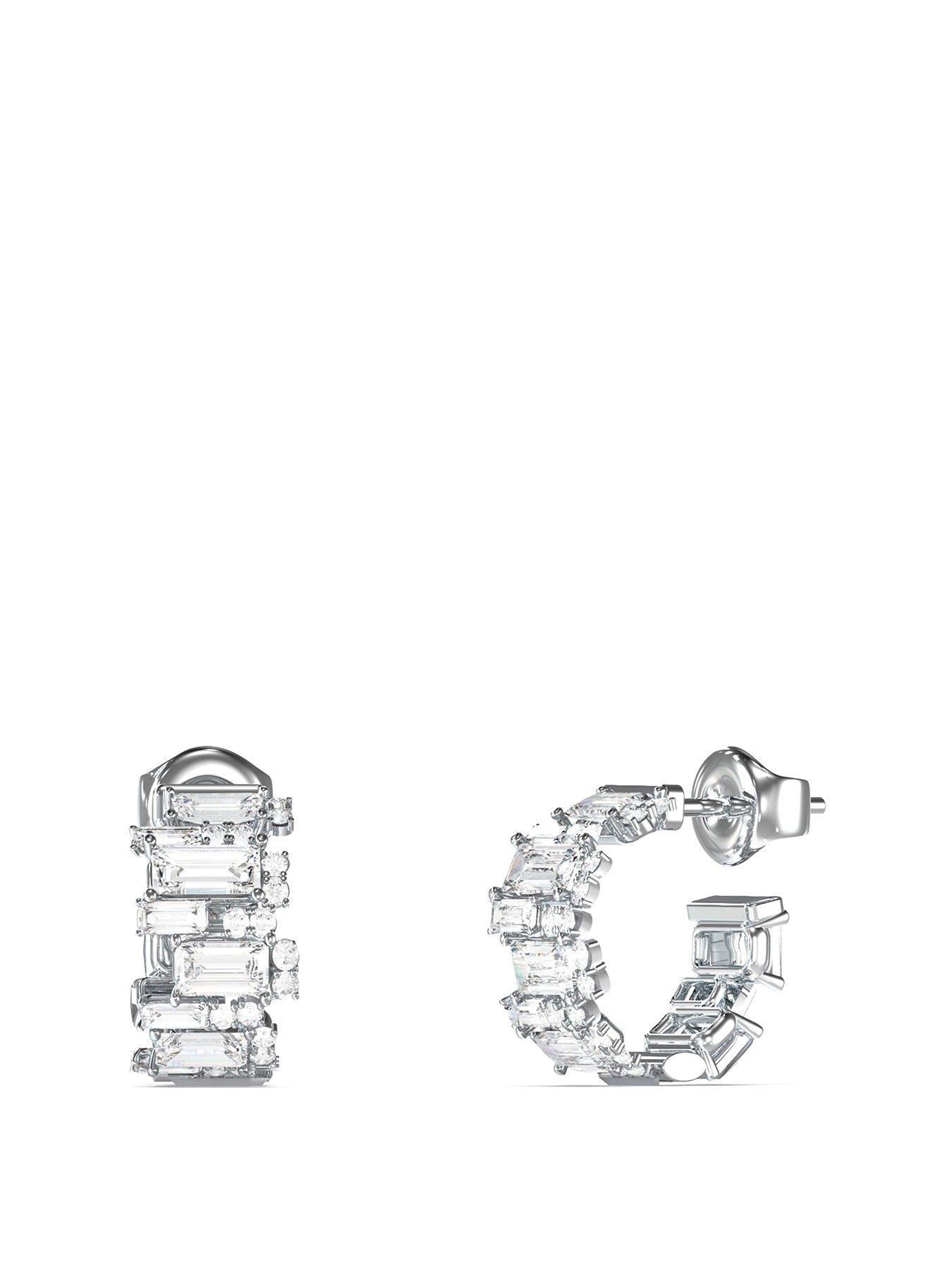 undefined 14Mm Stones Hoop Earrings Steel CZ Crystal White Squared Round - Multi