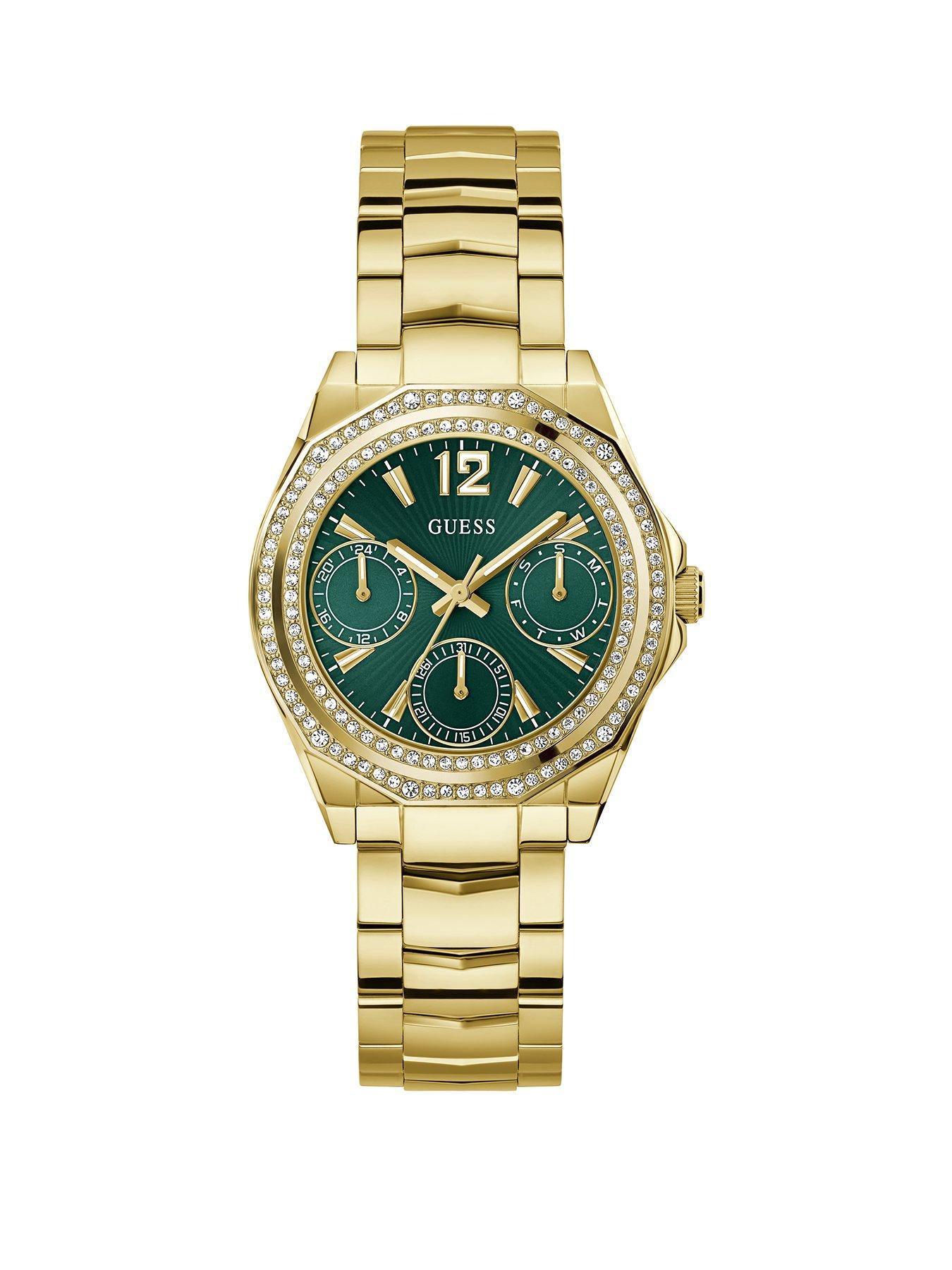 Guess gold tone Ladies watch with green dial and gold tone bracelet
