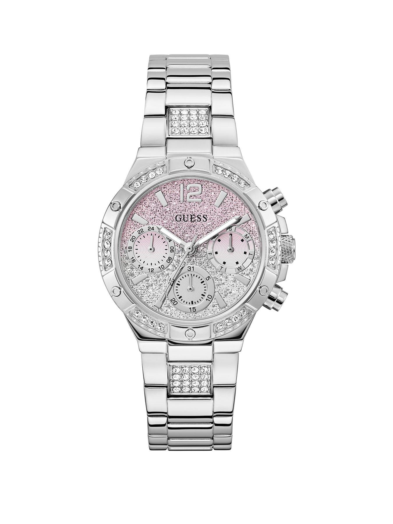 Guess stainless steel Ladies watch with pink ombre glitz dial and stainless steel stone set bracelet