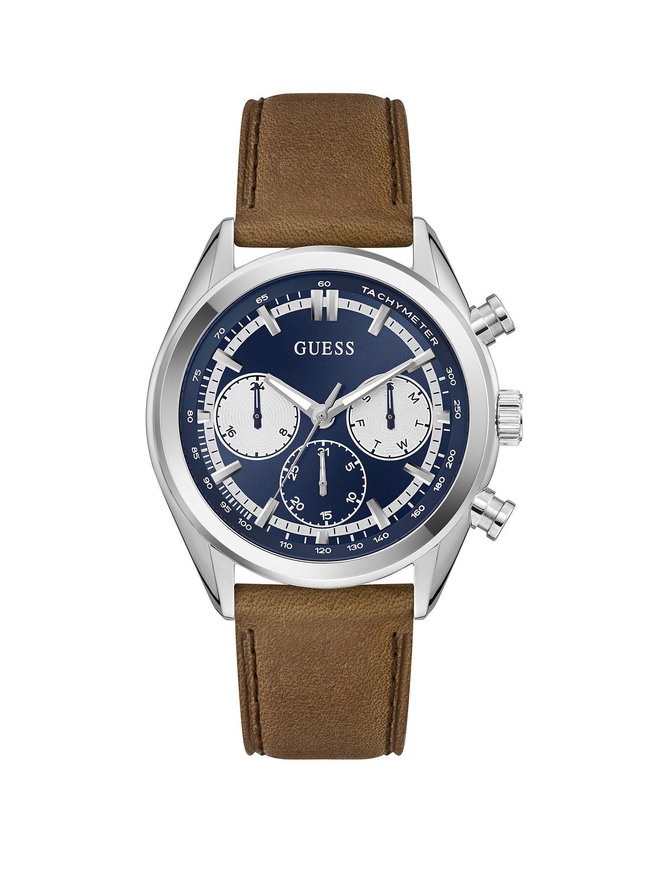 Guess stainless steel Gents watch with blue dial and brown leather strap