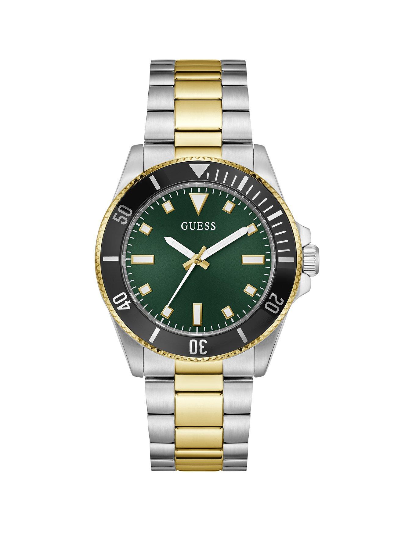 Guess stainless steel Gents watch with green dial and two tone bracelet