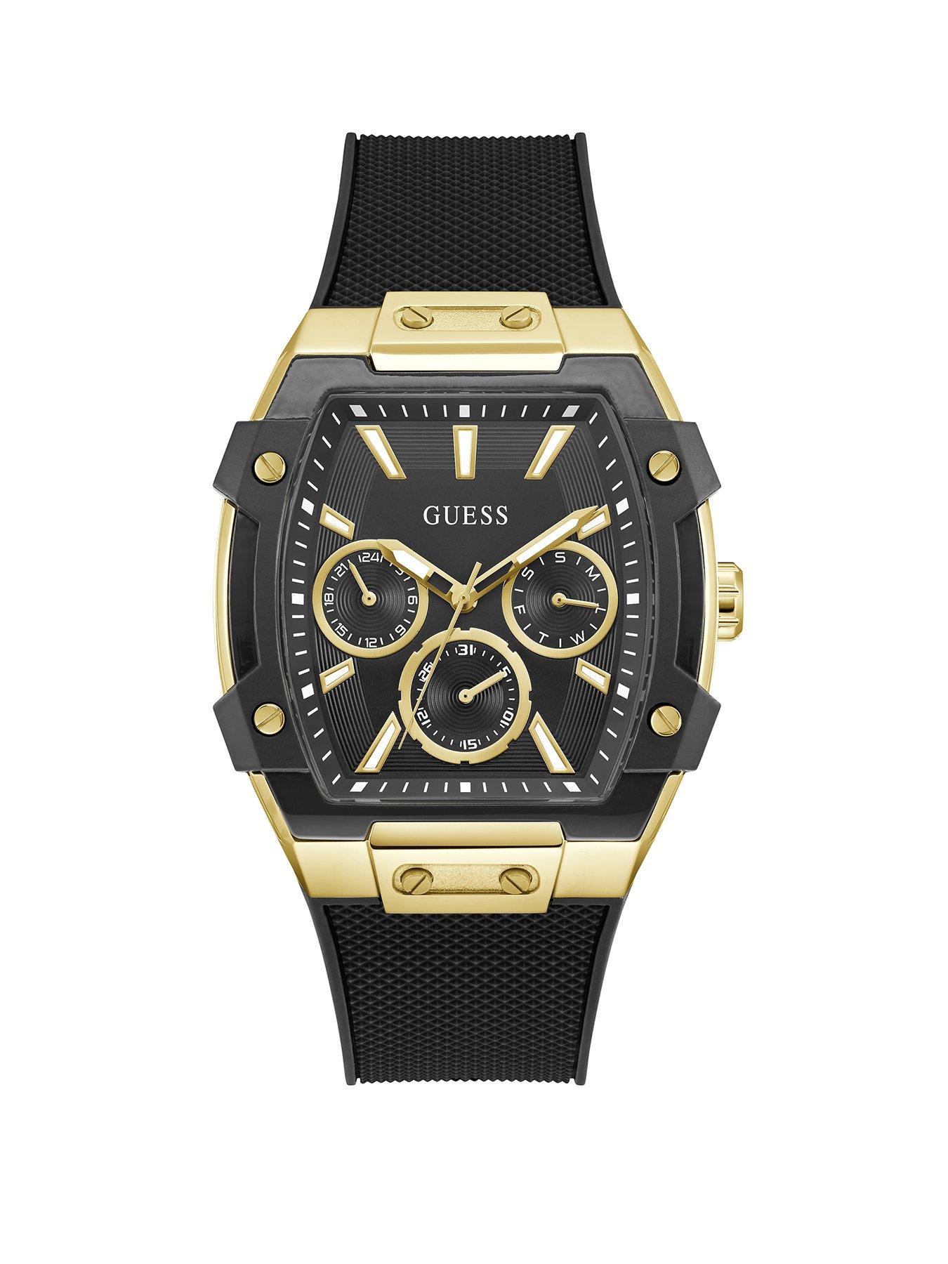 Guess Gents Gold Tone Watch with Black Dial and Black Silicone Strap