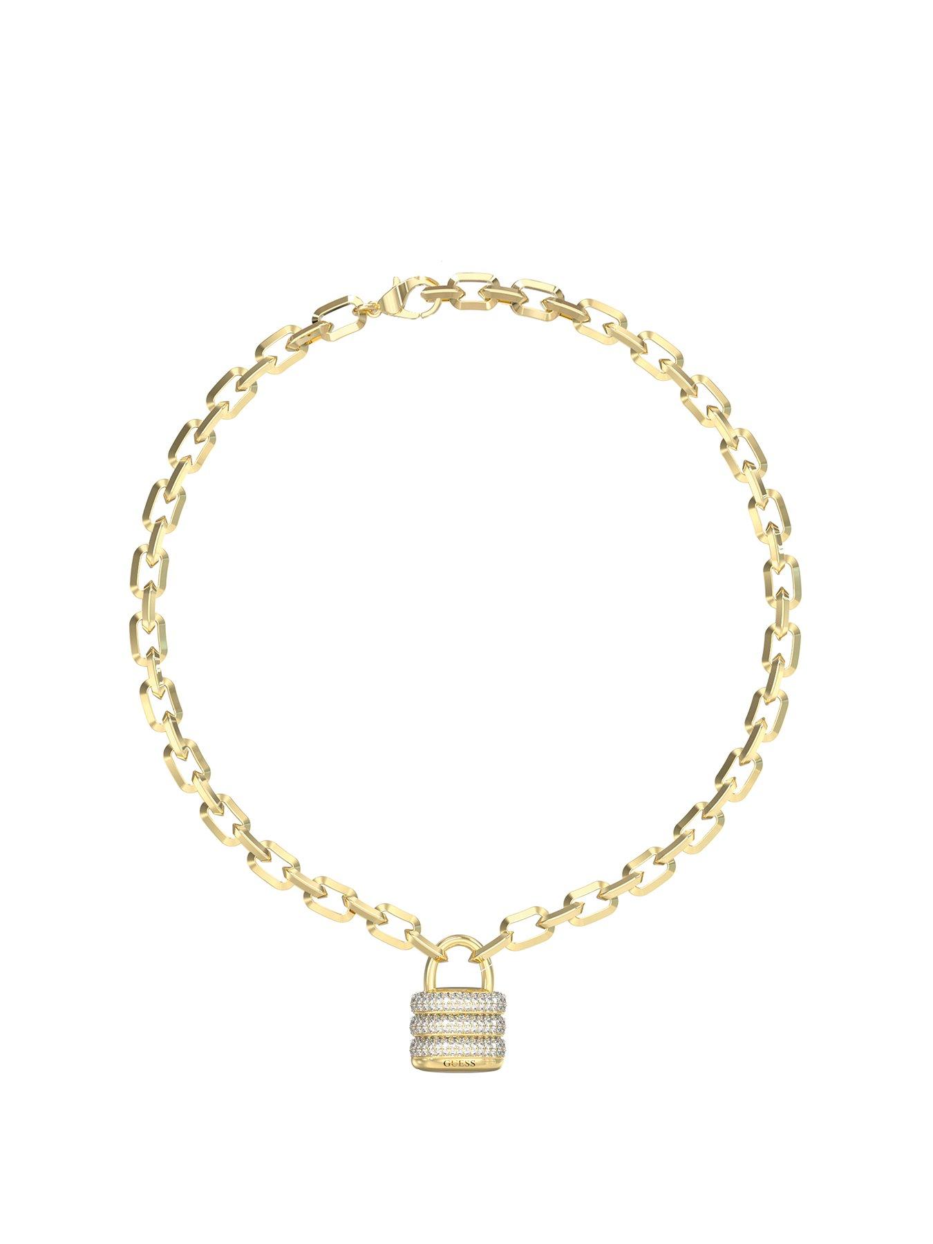 Guess Pave Padlock Necklace Steel Crystal White Round - Multi