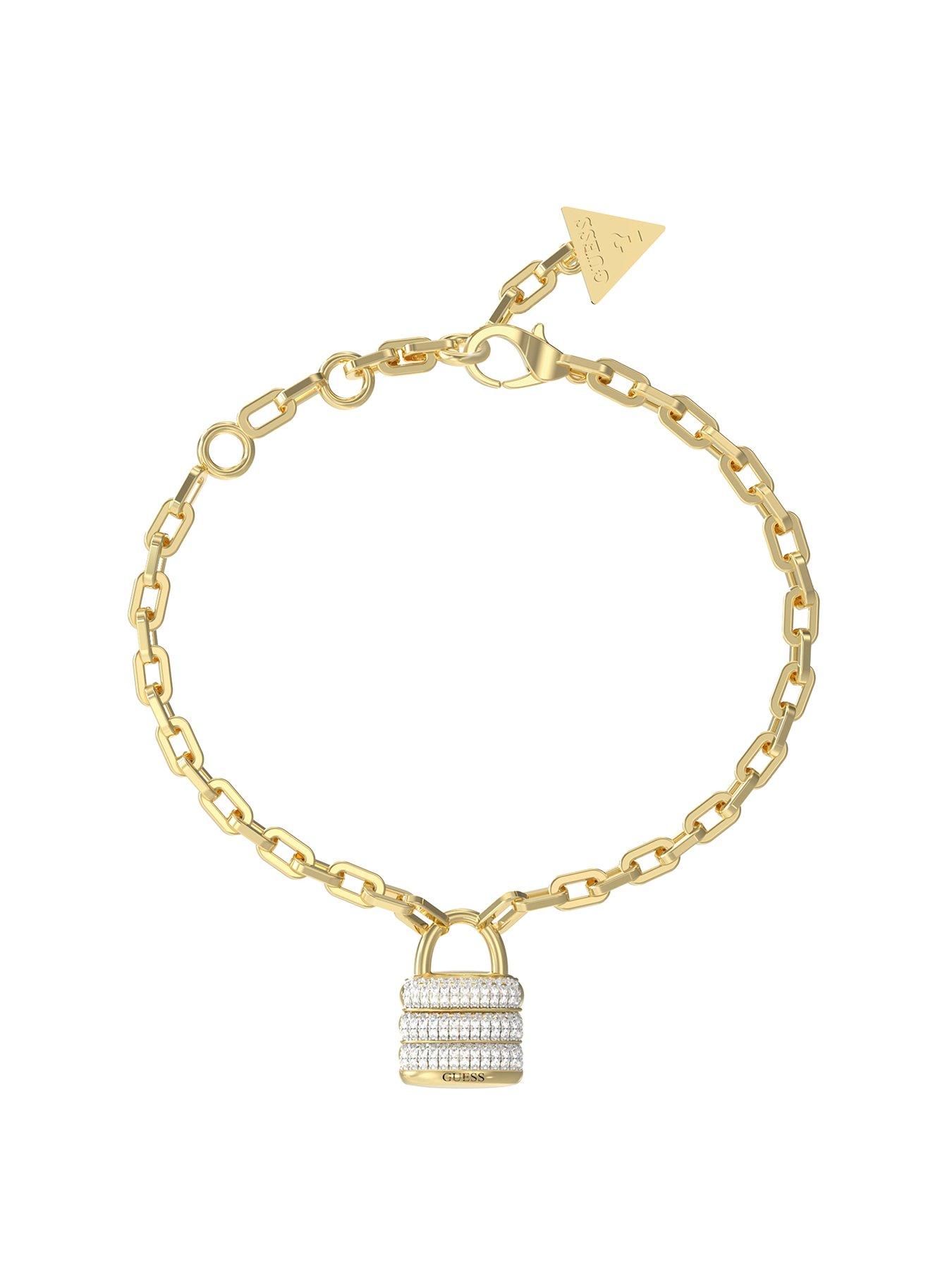 Guess 22mm Pave Padlock Charm Bracelet Steel Crystal White Round - Multi