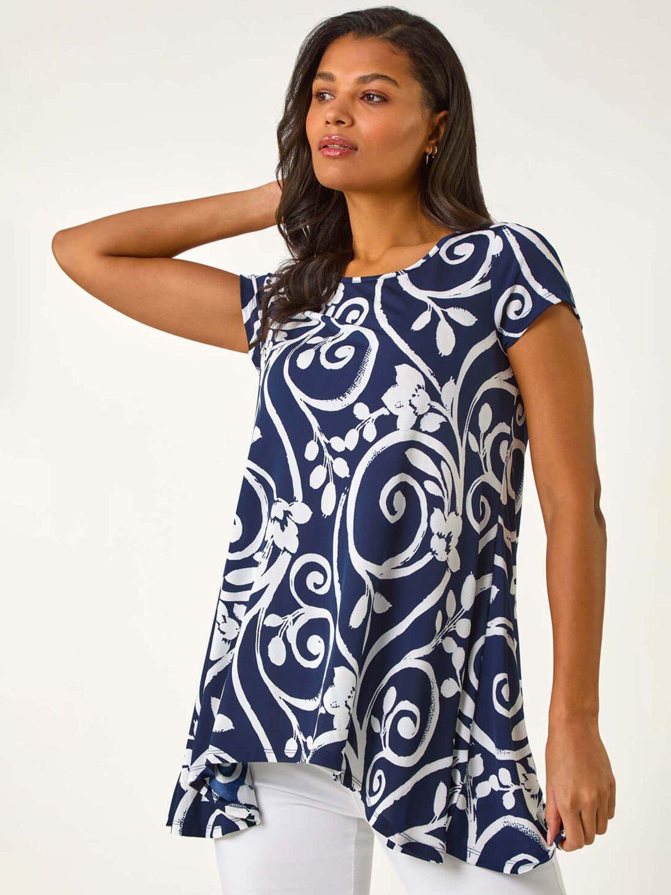 Roman Floral Print Hanky Hem Tunic Top - Navy