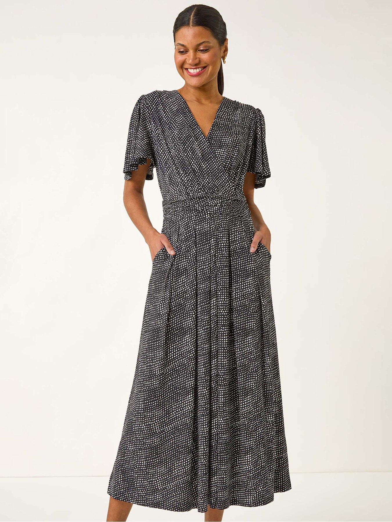 undefined Spot V-neck Midi Wrap Dress - Black