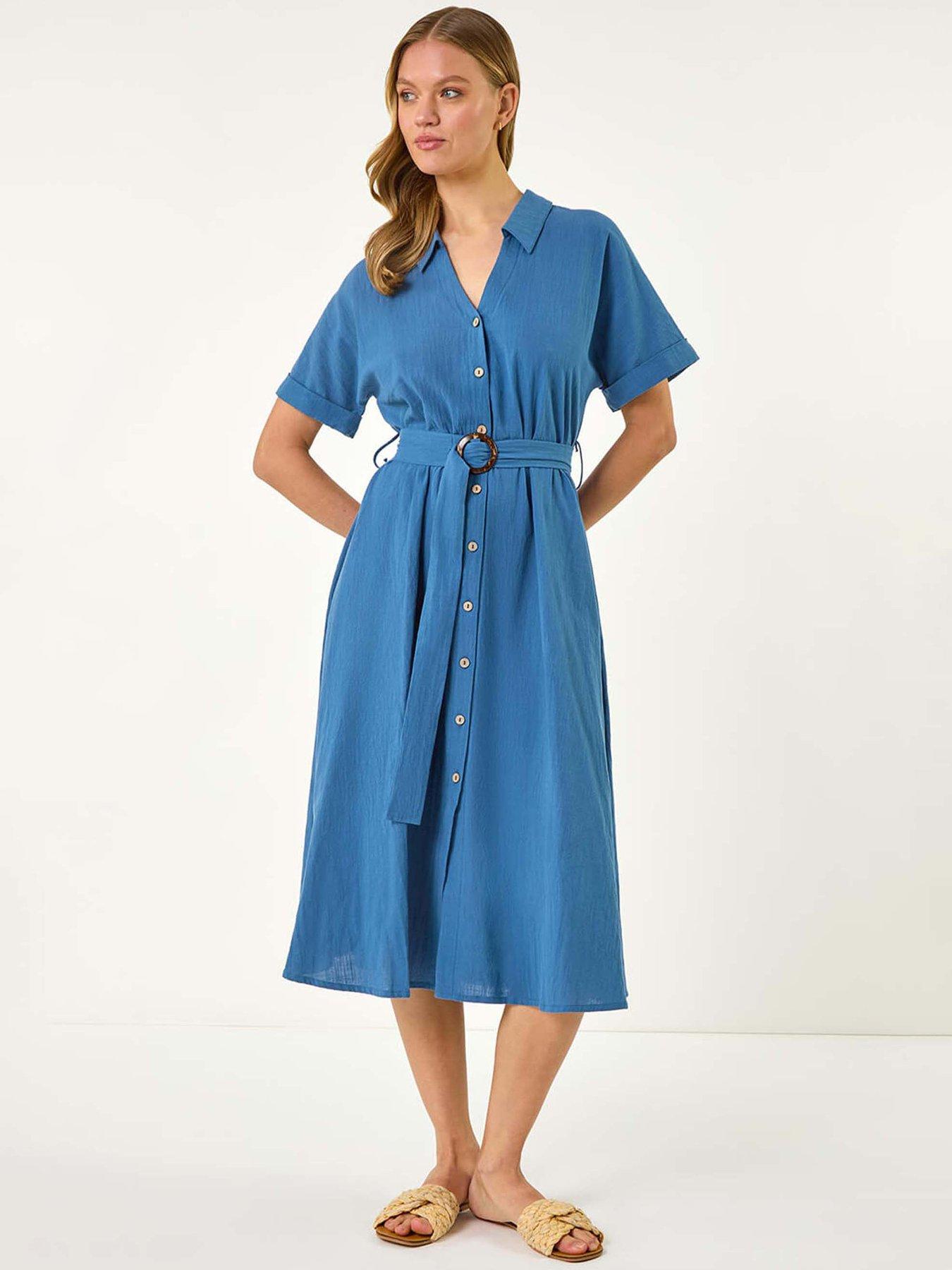 undefined Linen Look Belted Shirt Dress - Blue