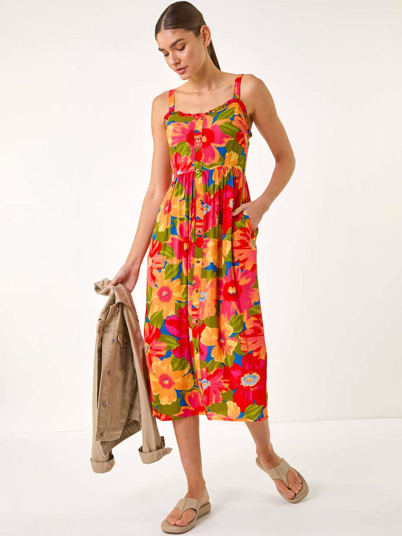 undefined Floral Print Button Midi Sundress - Pink
