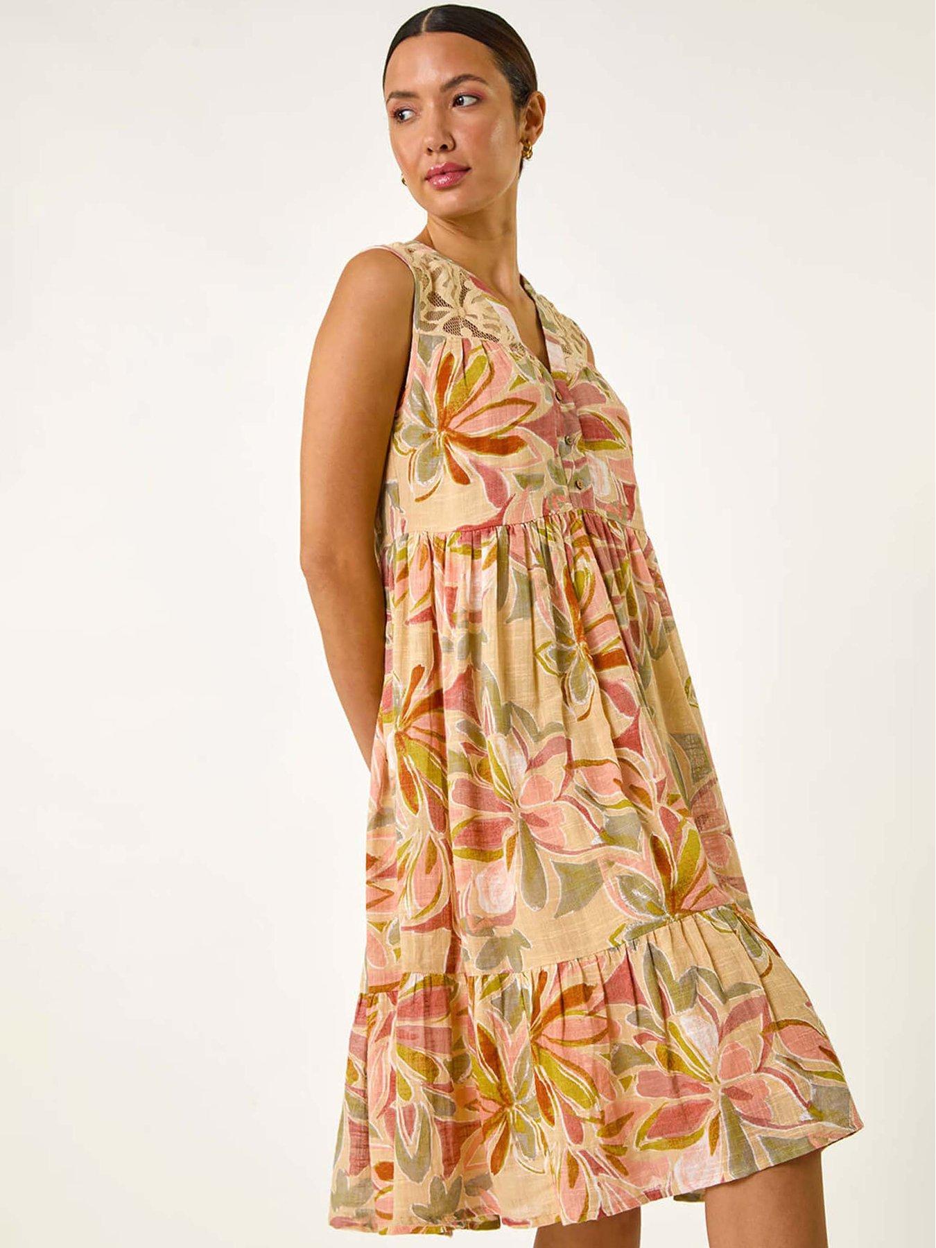 Roman Leaf Print Lace Detail Smock Dress - Peach