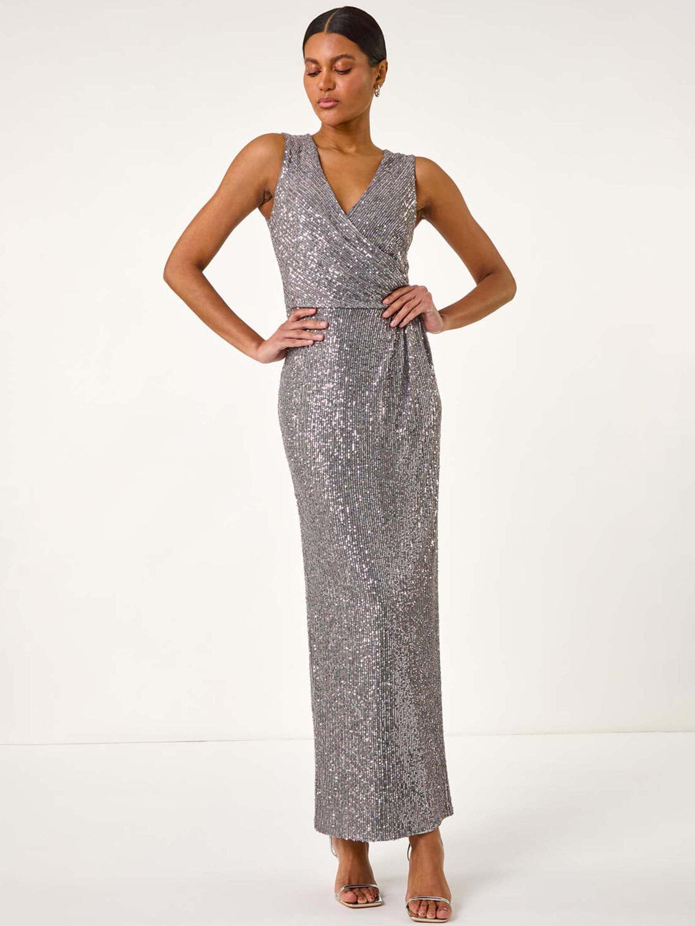 undefined Sequin Side Twist Wrap Maxi Dress - Grey