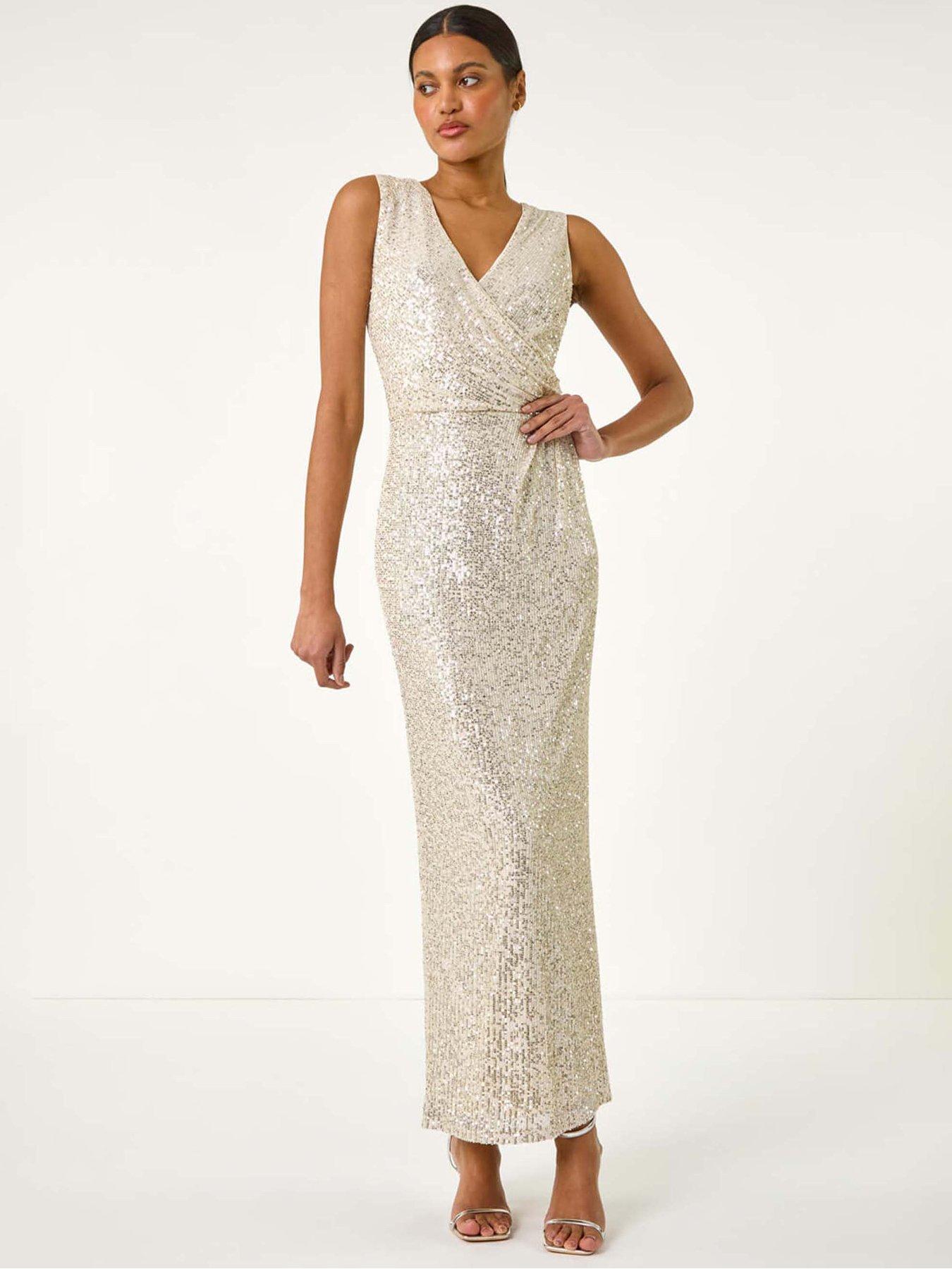 undefined Sequin Side Twist Wrap Maxi Dress - Silver