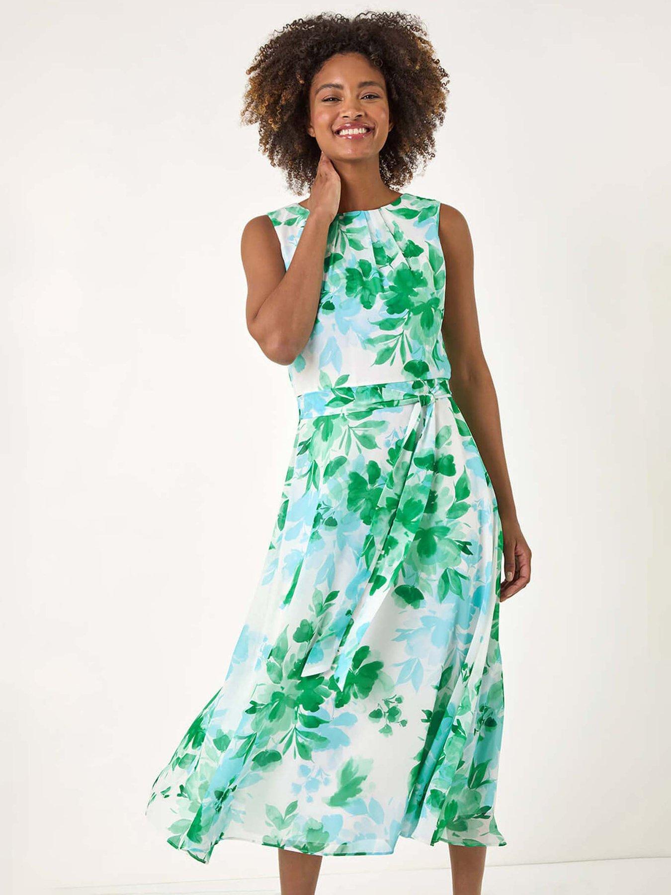 undefined Floral Pleated Neck Midi Dress - Green