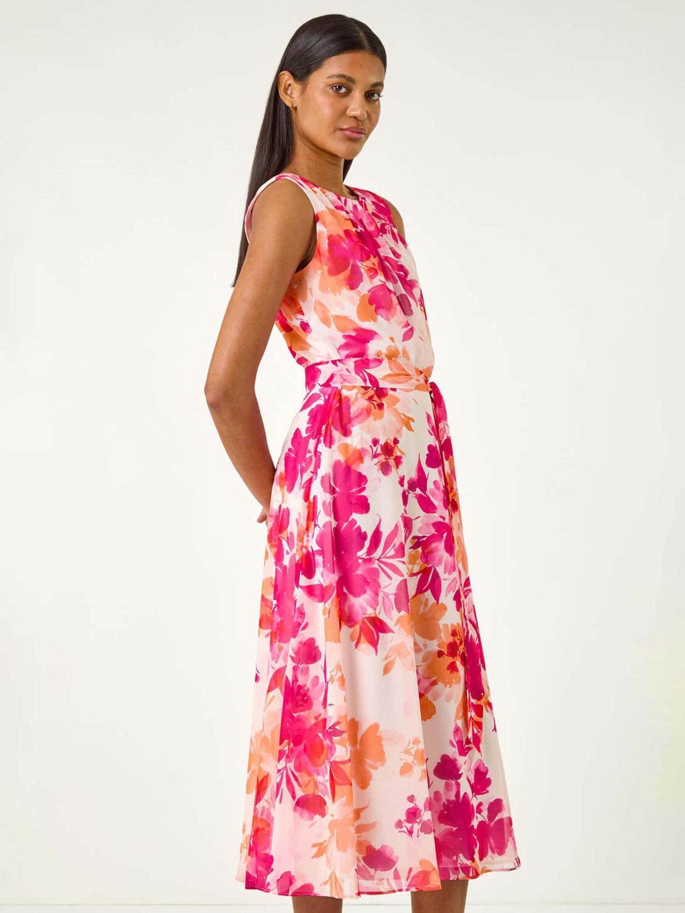 undefined Floral Pleated Neck Midi Dress - Pink