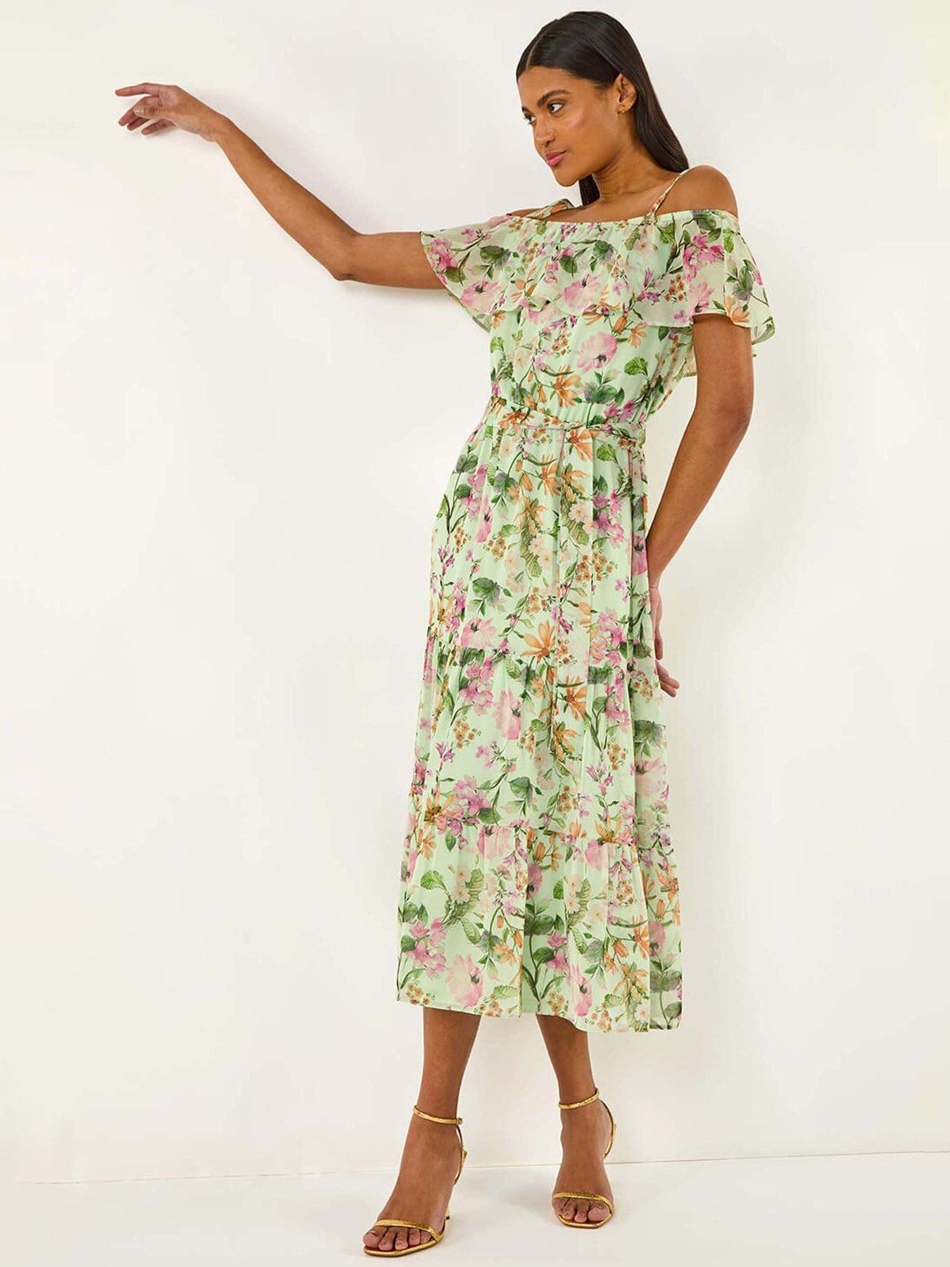 undefined Floral Bardot Midi Dress - Mint