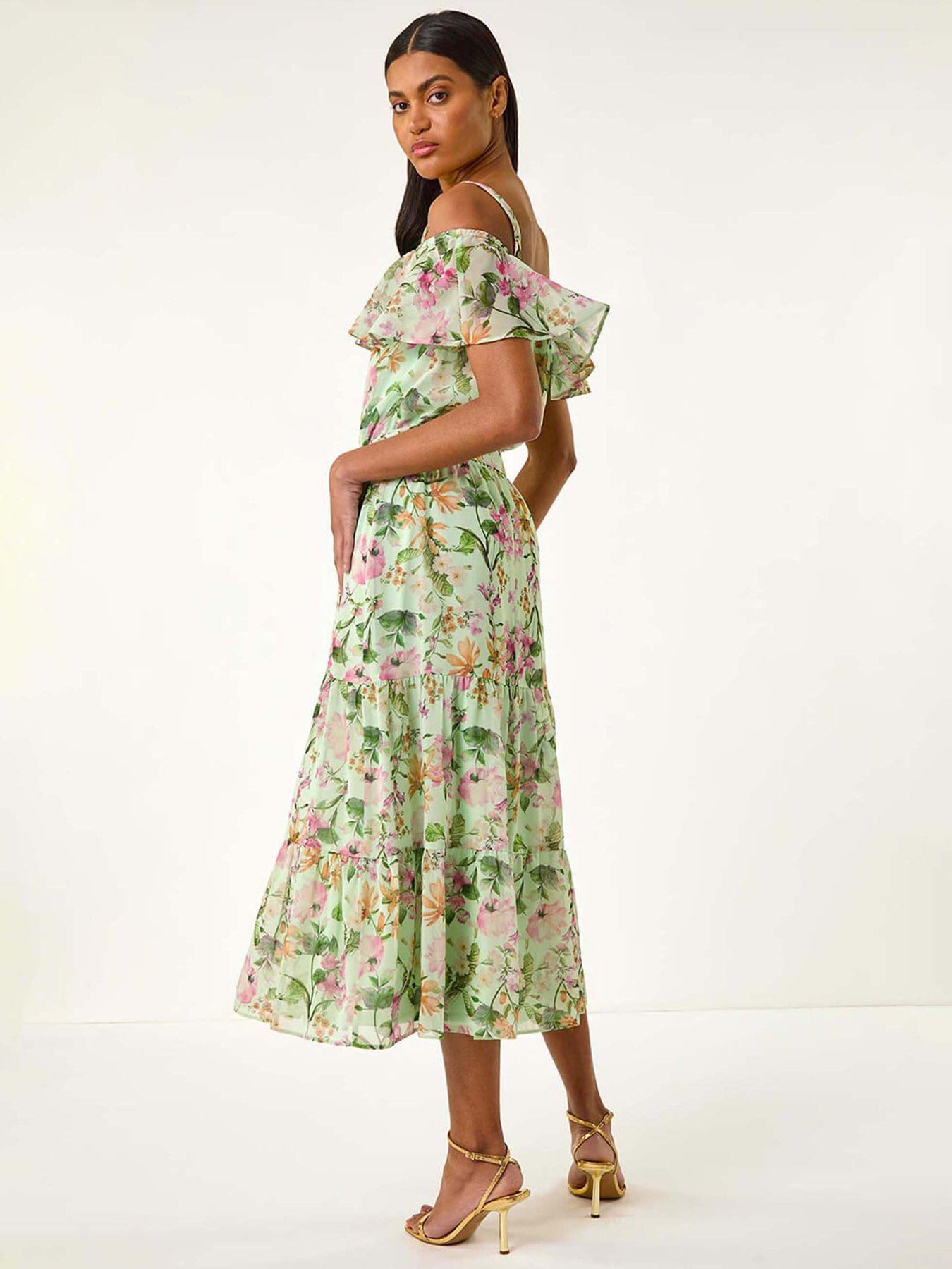 Image 2 of 5 of Roman Floral Bardot Midi Dress - Mint