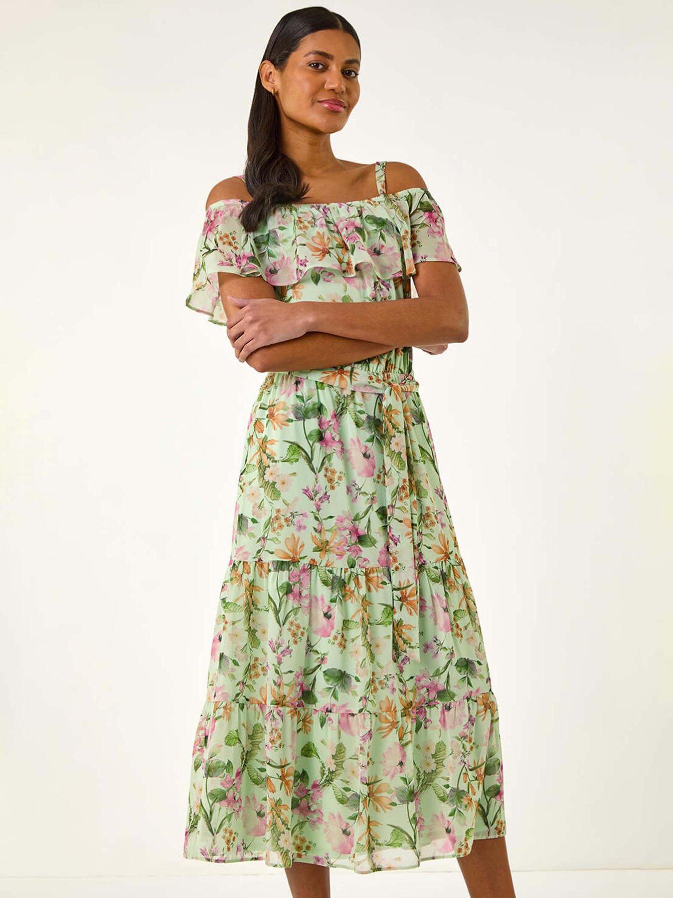 Image 3 of 5 of Roman Floral Bardot Midi Dress - Mint