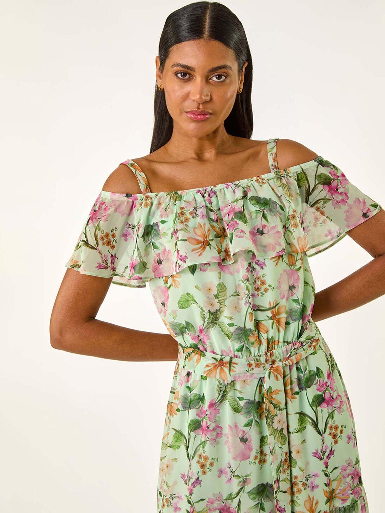 Image 4 of 5 of Roman Floral Bardot Midi Dress - Mint