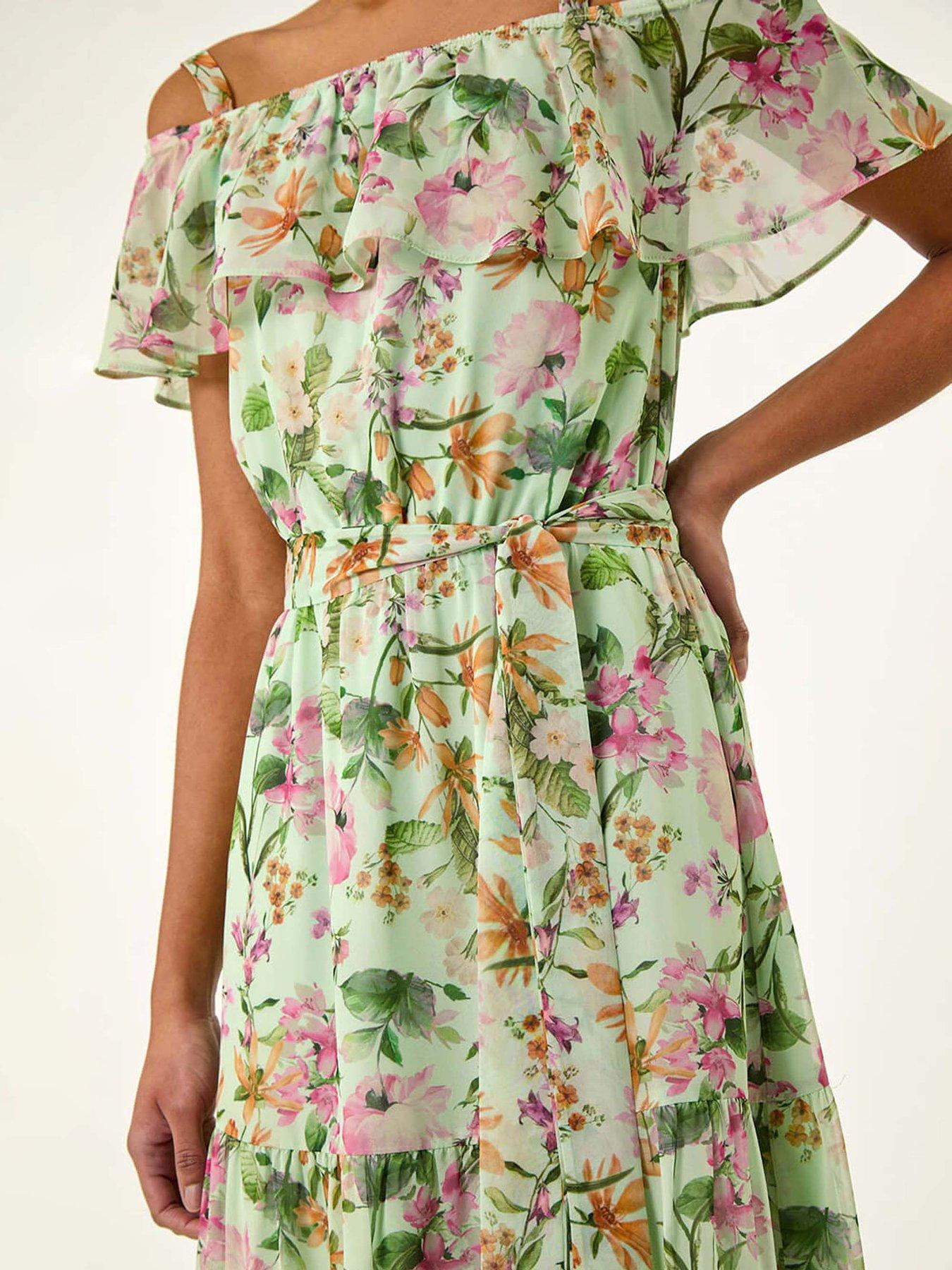 Image 5 of 5 of Roman Floral Bardot Midi Dress - Mint