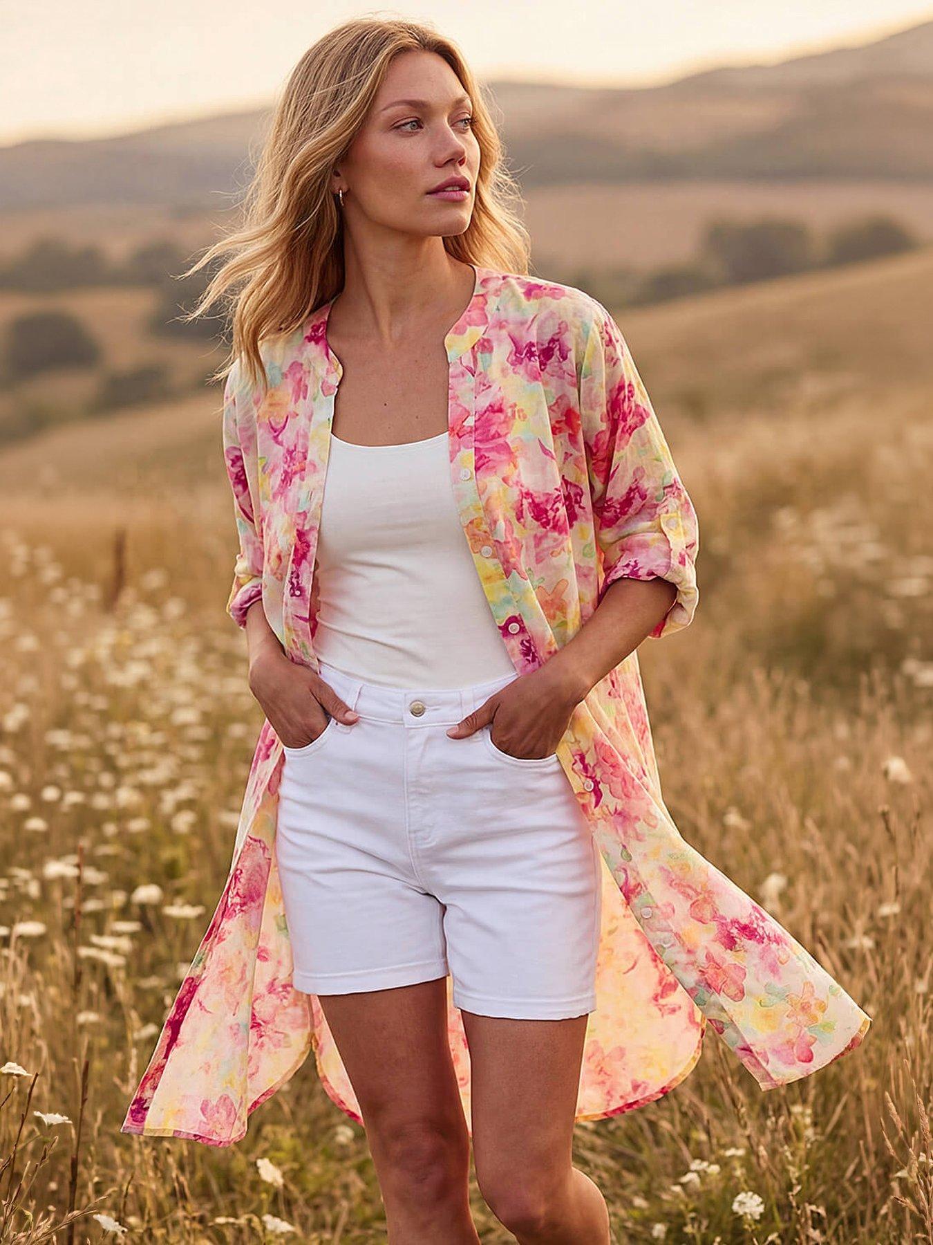 Image 1 of 5 of Roman Floral Print Longline Blouse - Pink