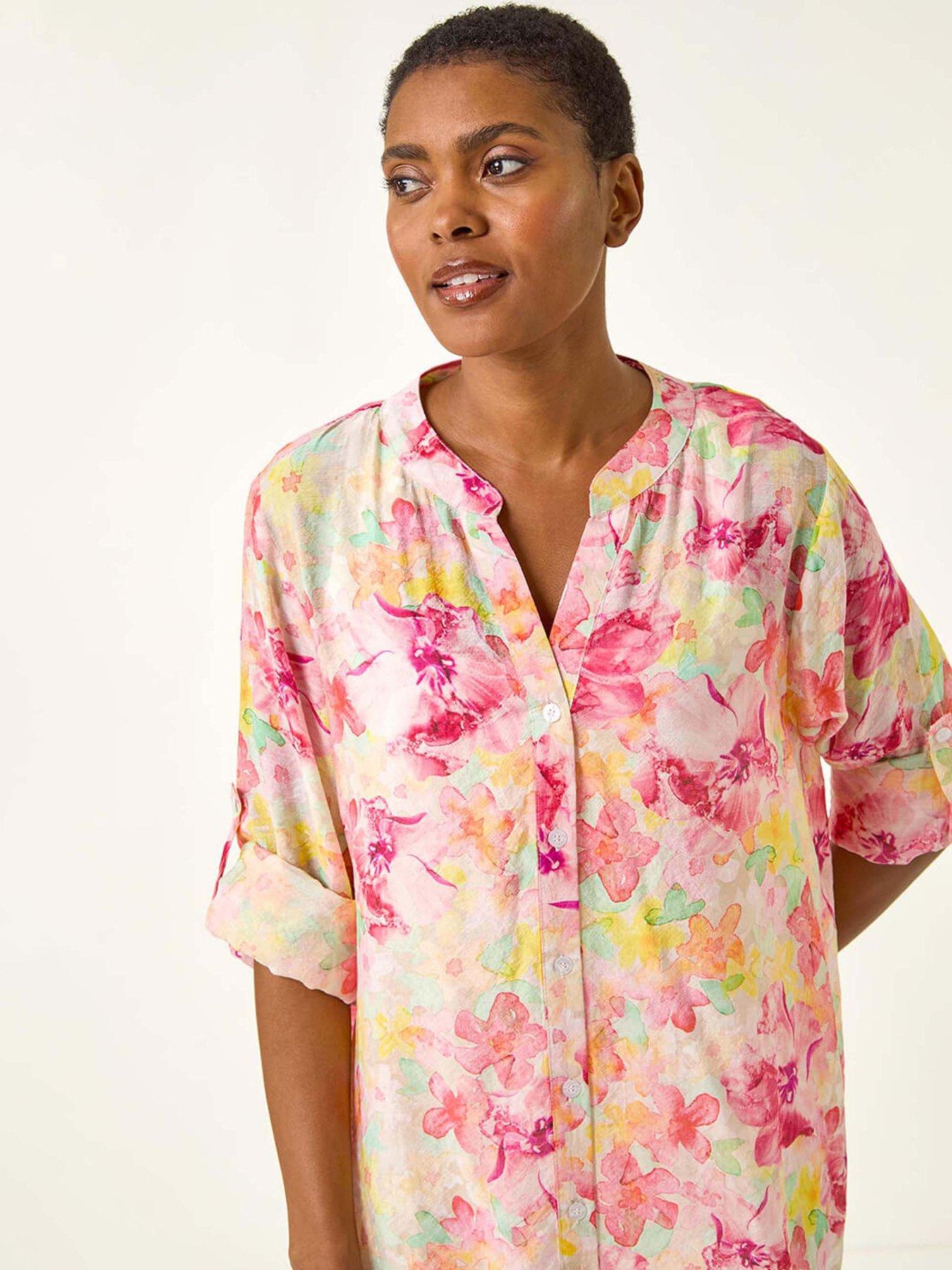 Image 4 of 5 of Roman Floral Print Longline Blouse - Pink