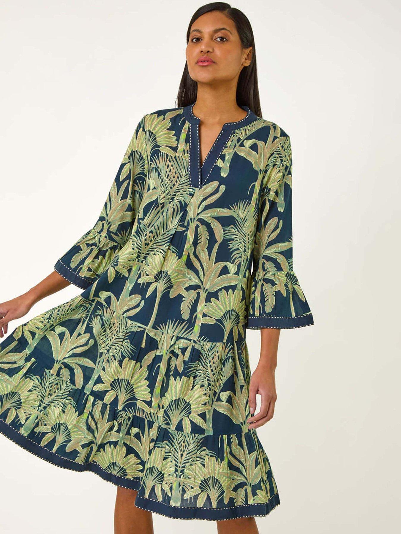 Roman Palm Print V-neck Tiered Dress - Navy