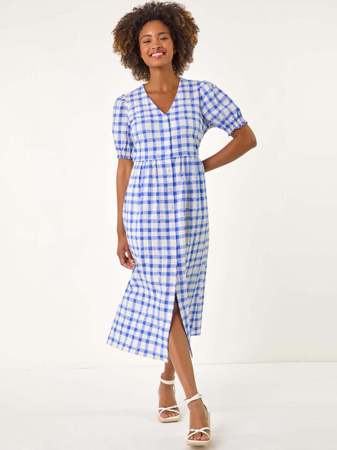 undefined Check Button Midi Dress - Blue