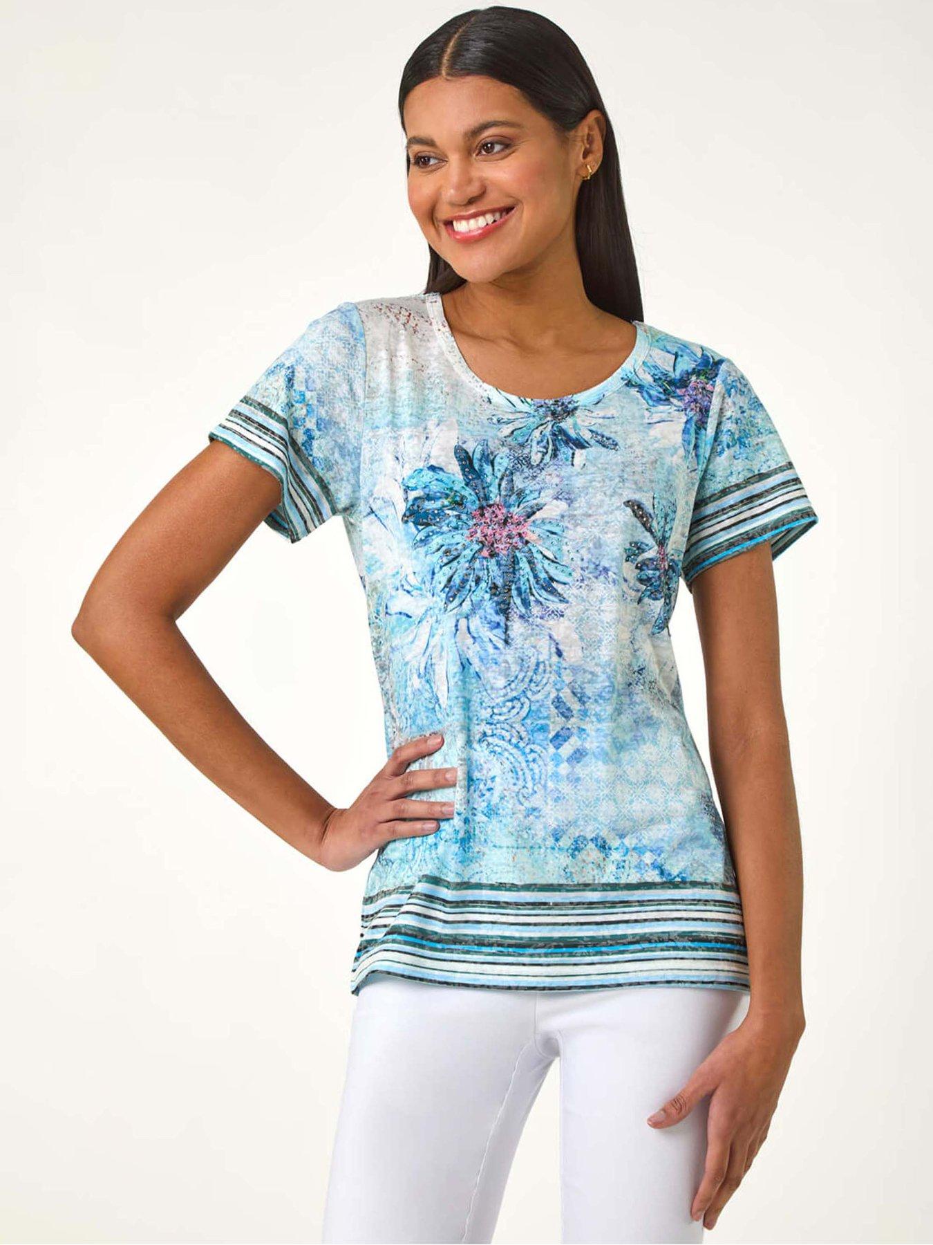 undefined Floral Diamante Contrast Stretch Top - Blue