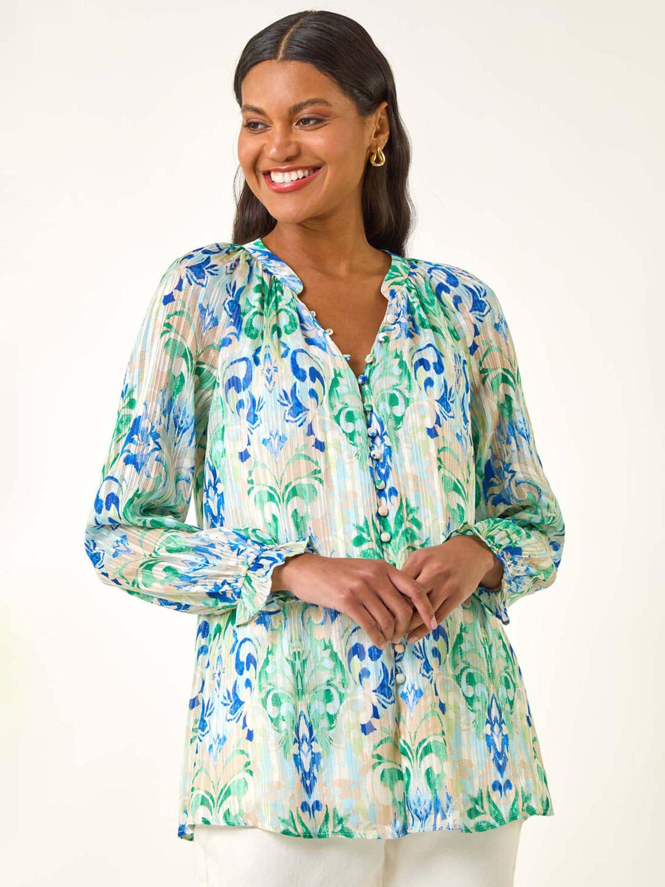 undefined Printed Metallic Button Blouse - Blue
