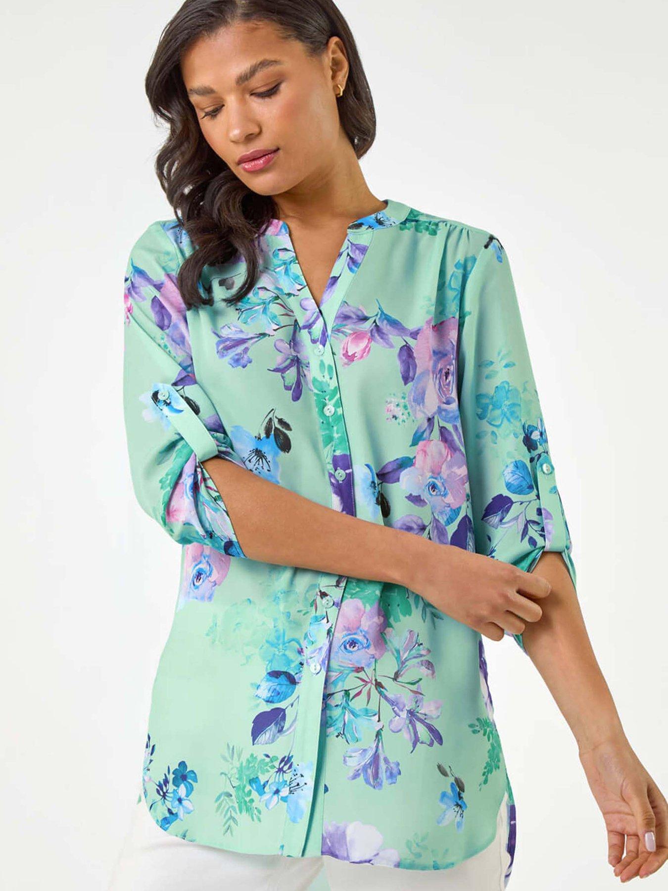 undefined Floral Print V-neck Blouse - Light Blue