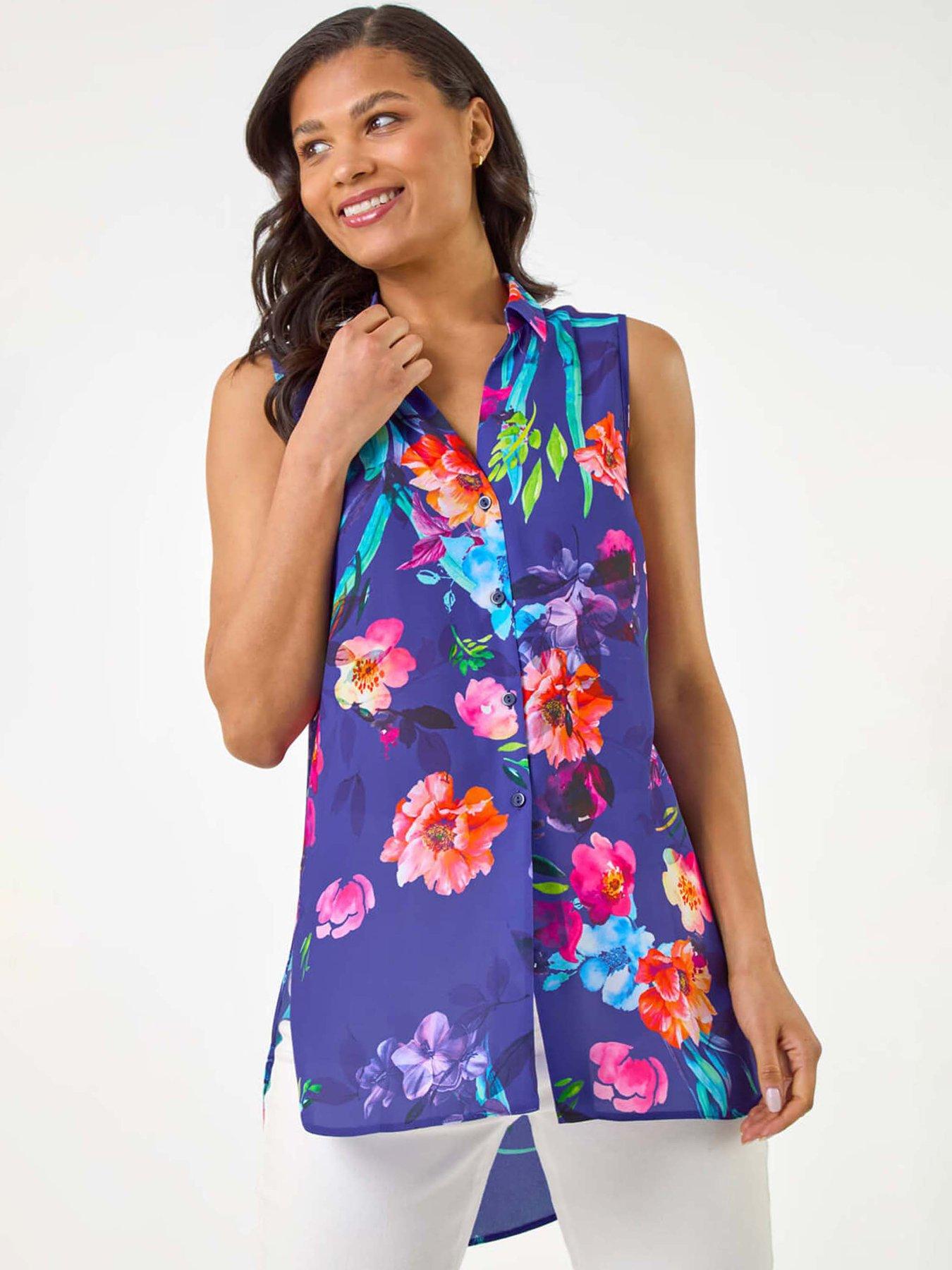 undefined Floral Leaf Print Longline Button Blouse - Purple