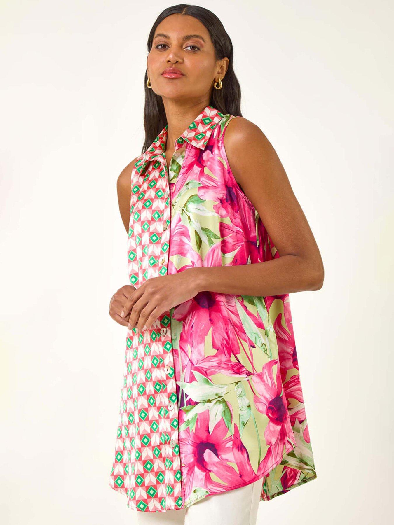Roman Abstract Floral Print Longline Shirt - Pink