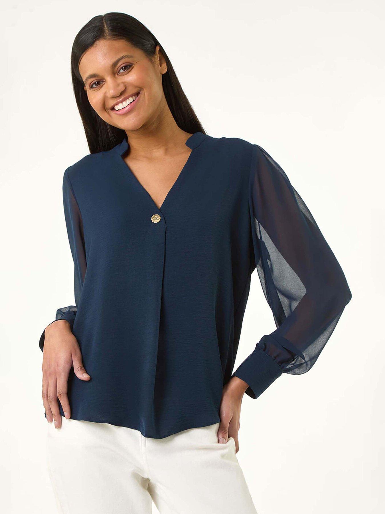 undefined Chiffon Sleeve V-neck Pleated Top - Navy