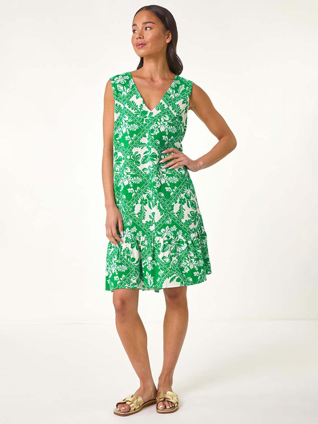 undefined Petite Print Cut Out Tiered Dress - Green