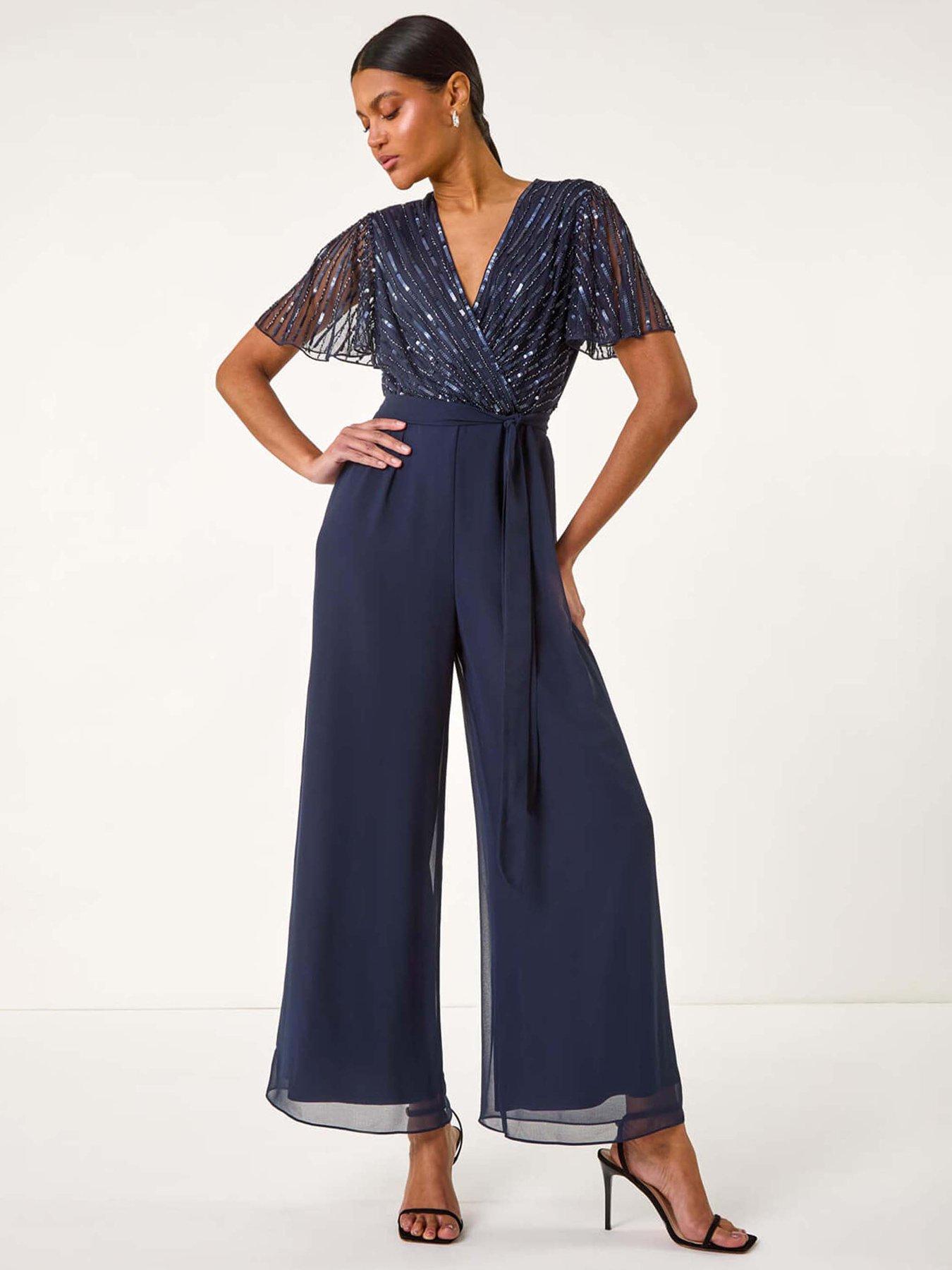 undefined Embellished Beaded V-neck Jumpsuit - Navy