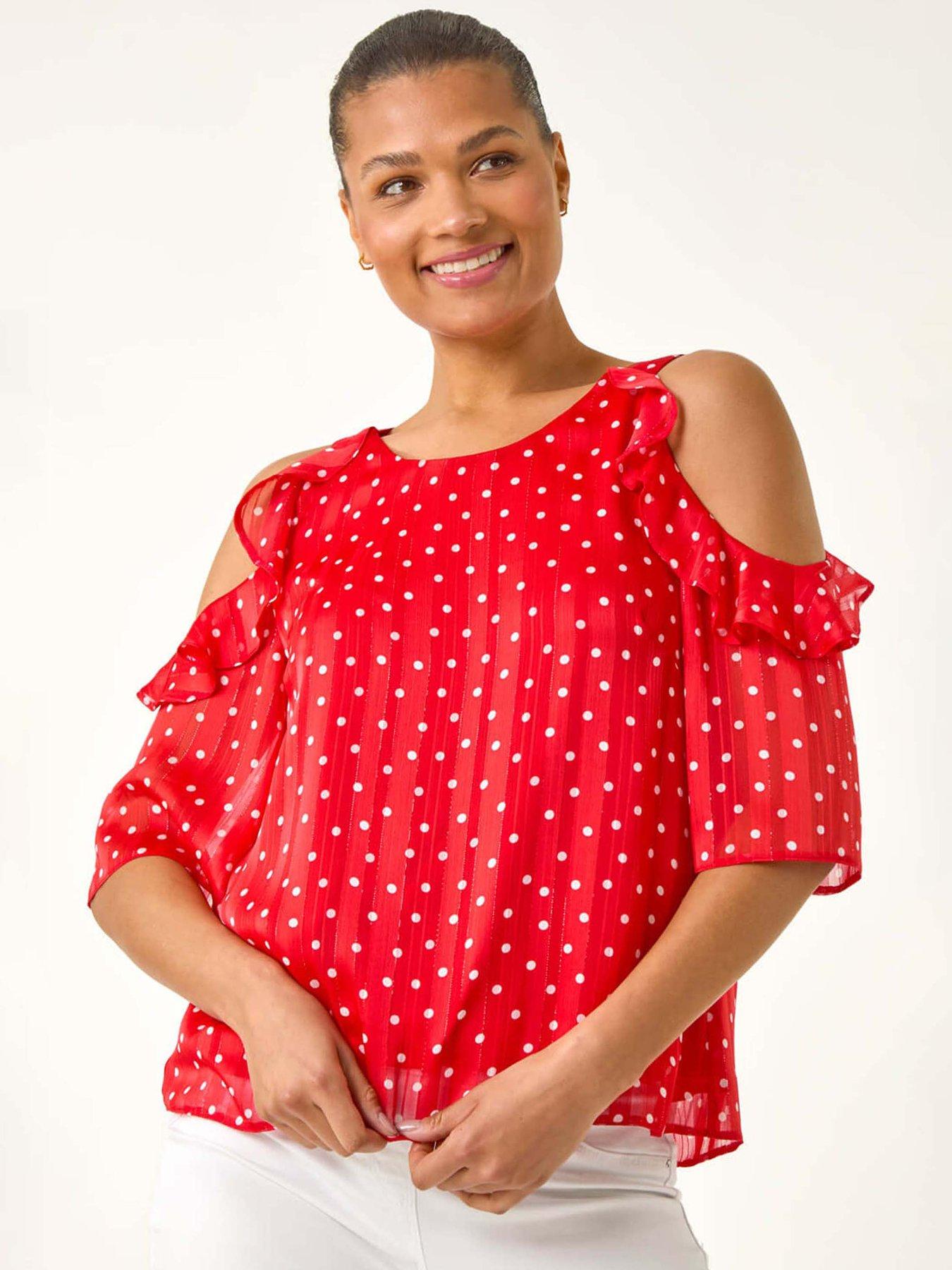 undefined Spot Print Frill Cold Shoulder Top - Red