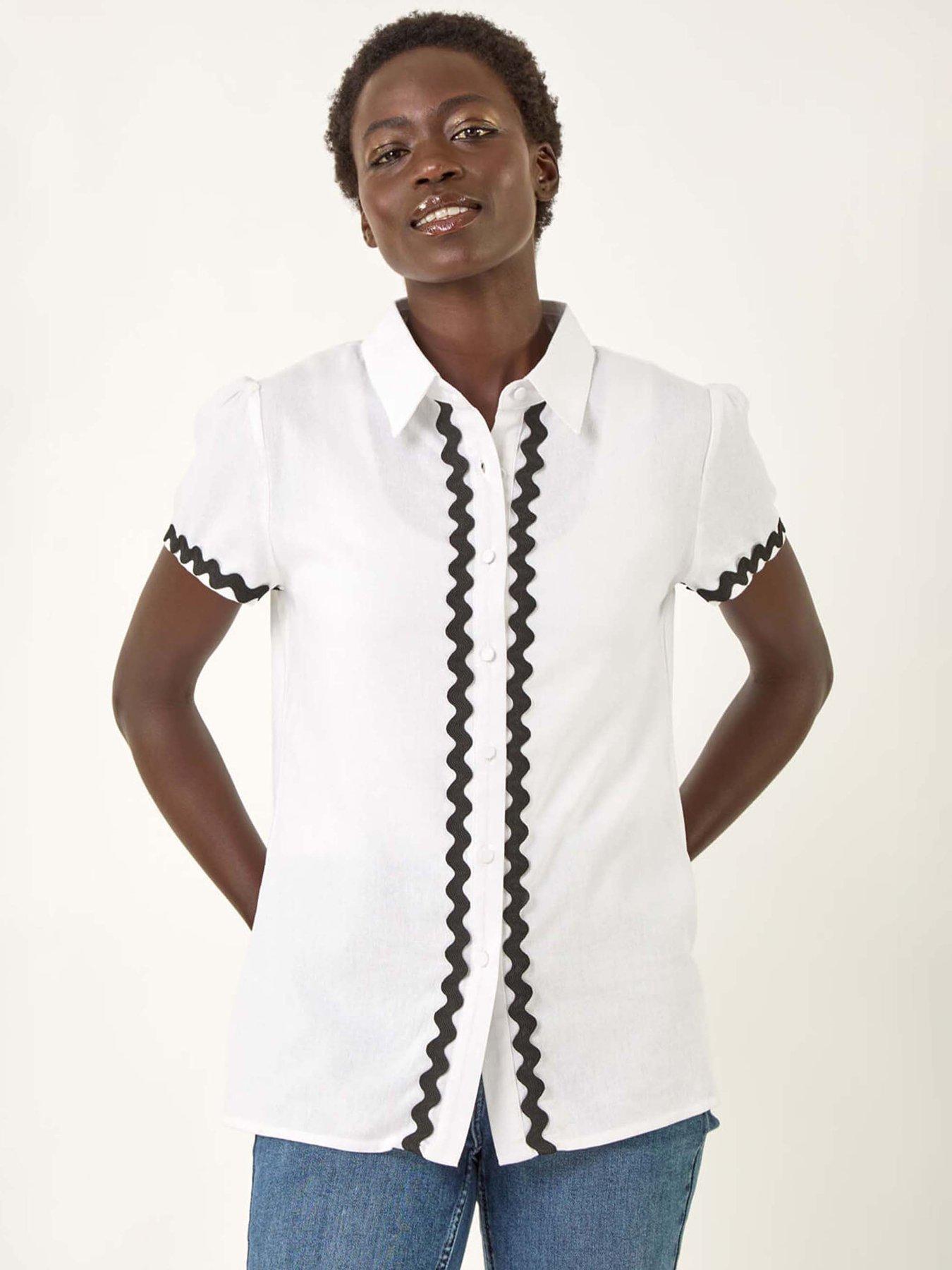 undefined Linen Mix Ric Rac Trim Button Shirt - Ivory