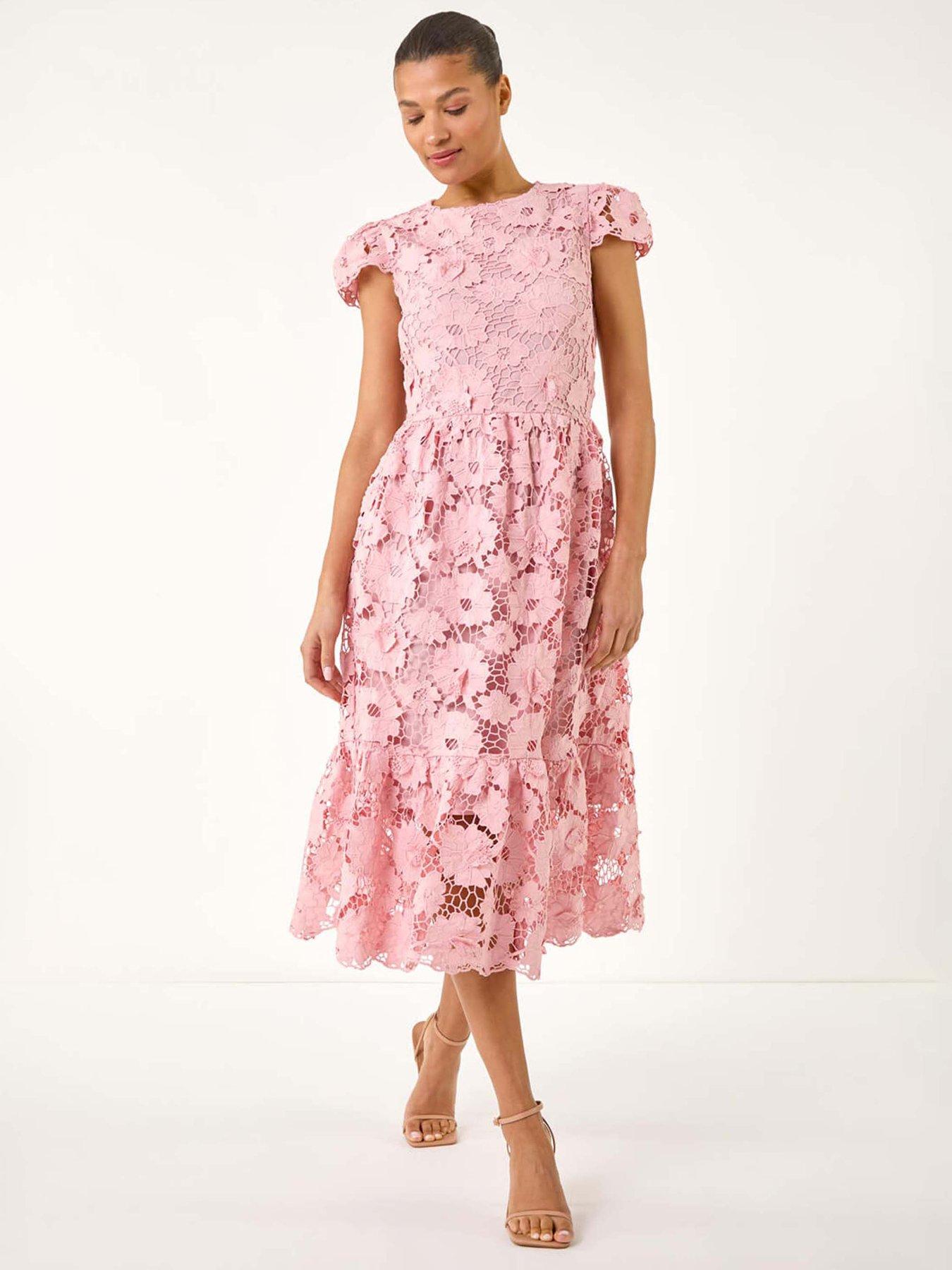 undefined Crochet Floral Lace Midi Dress - Light Pink
