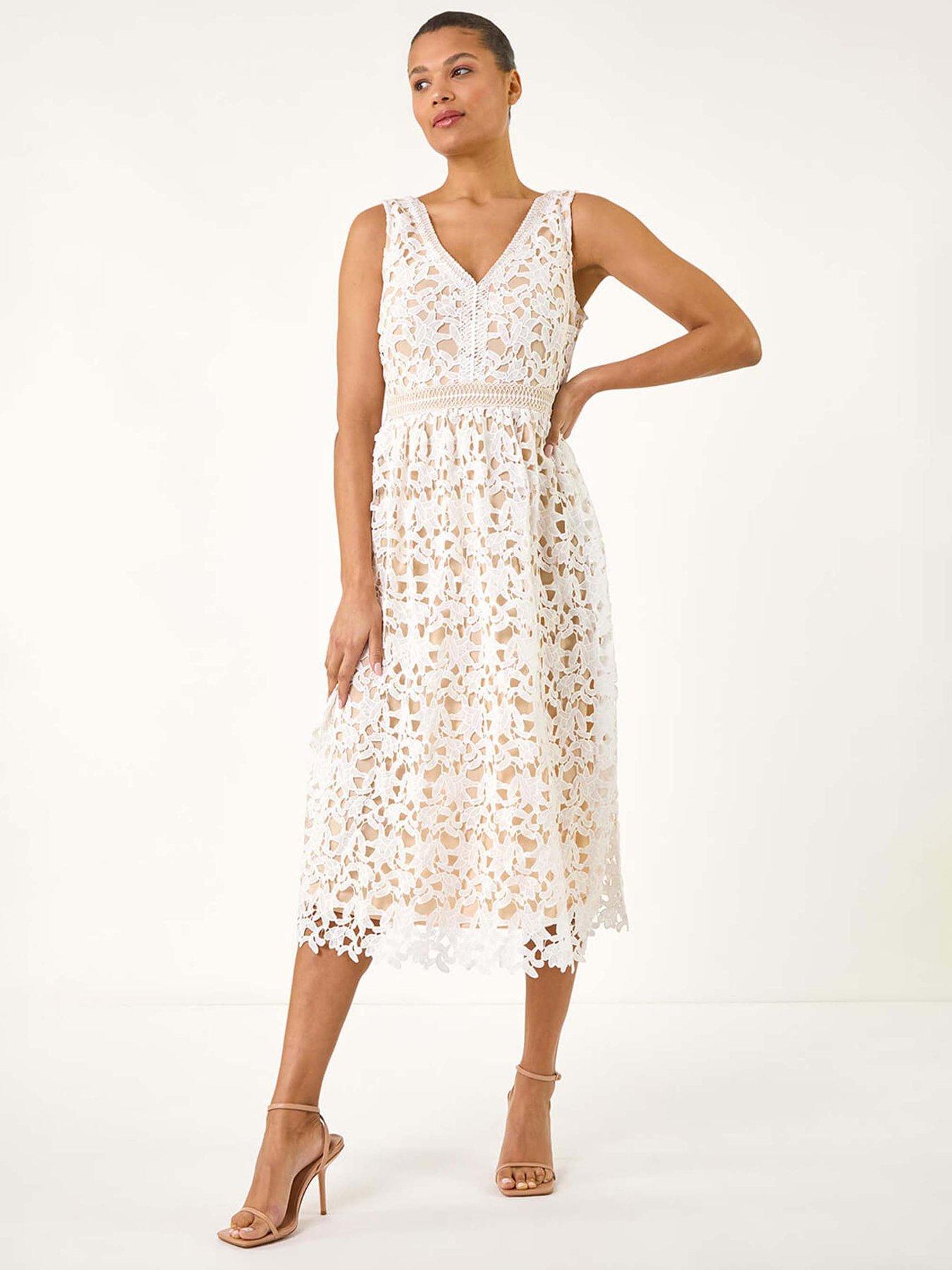 undefined Lace Overlay V-neck Midi Dress - Ivory