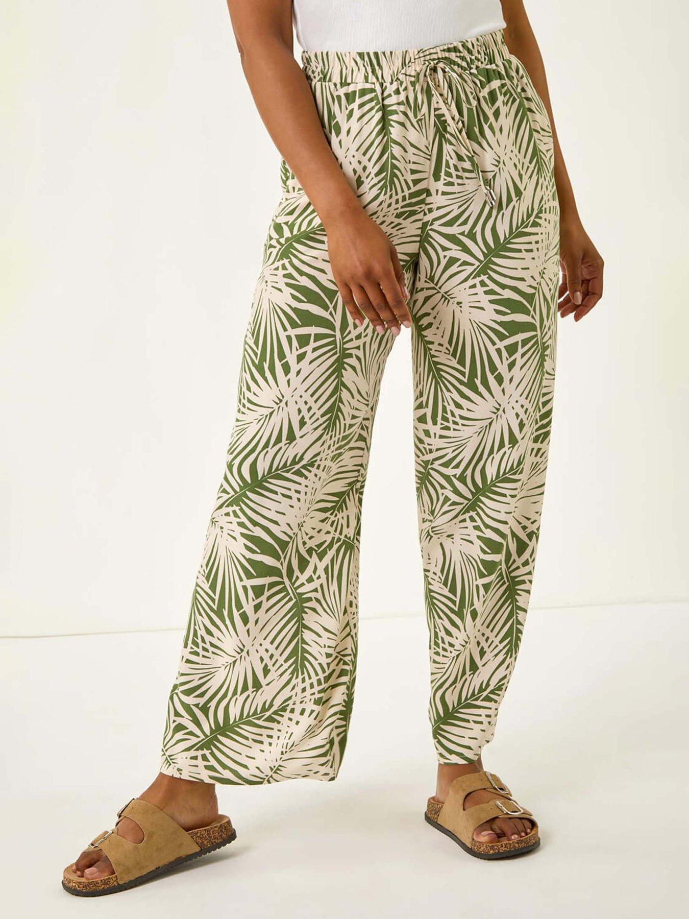 Roman Petite Leaf Print Wide Leg Trouser - Khaki